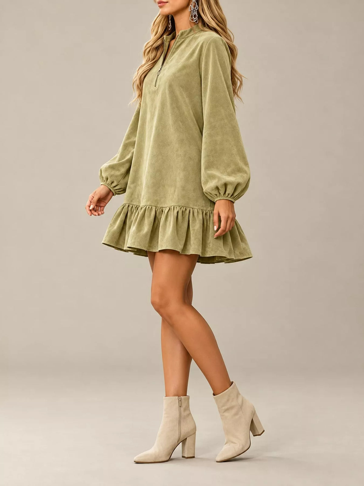 quarter-zip ruffle hem mini dress | dropsona - neutral - front view