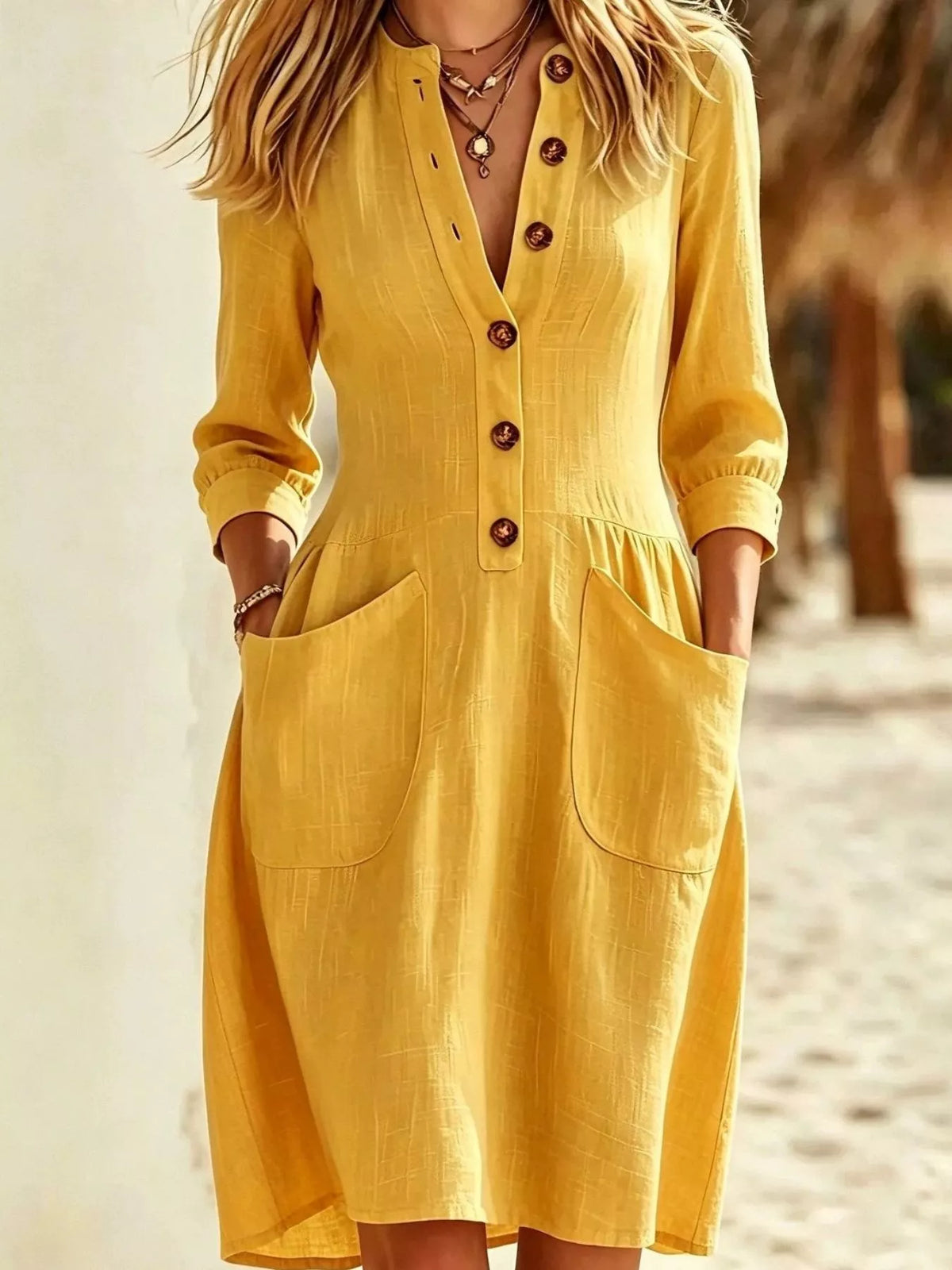 full size button front long sleeve dress plus | dropsona - neutral - front view
