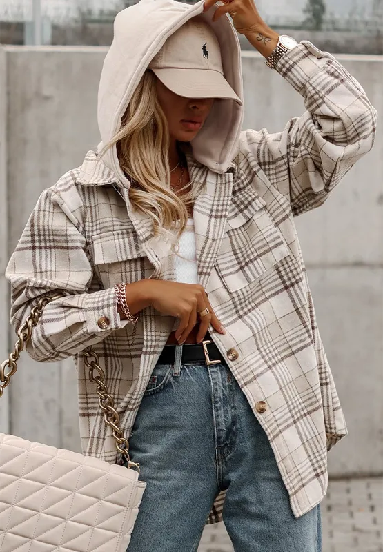 plaid removable hood button up shacket – basic style | dropsona - neutral - front view