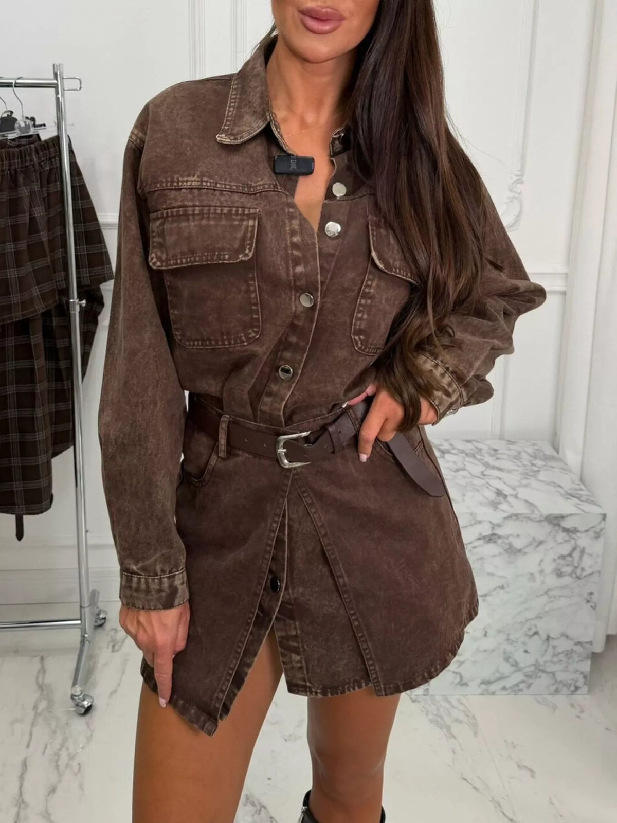 vintage washed denim jacket with chest pockets | dropsona - neutral - front view