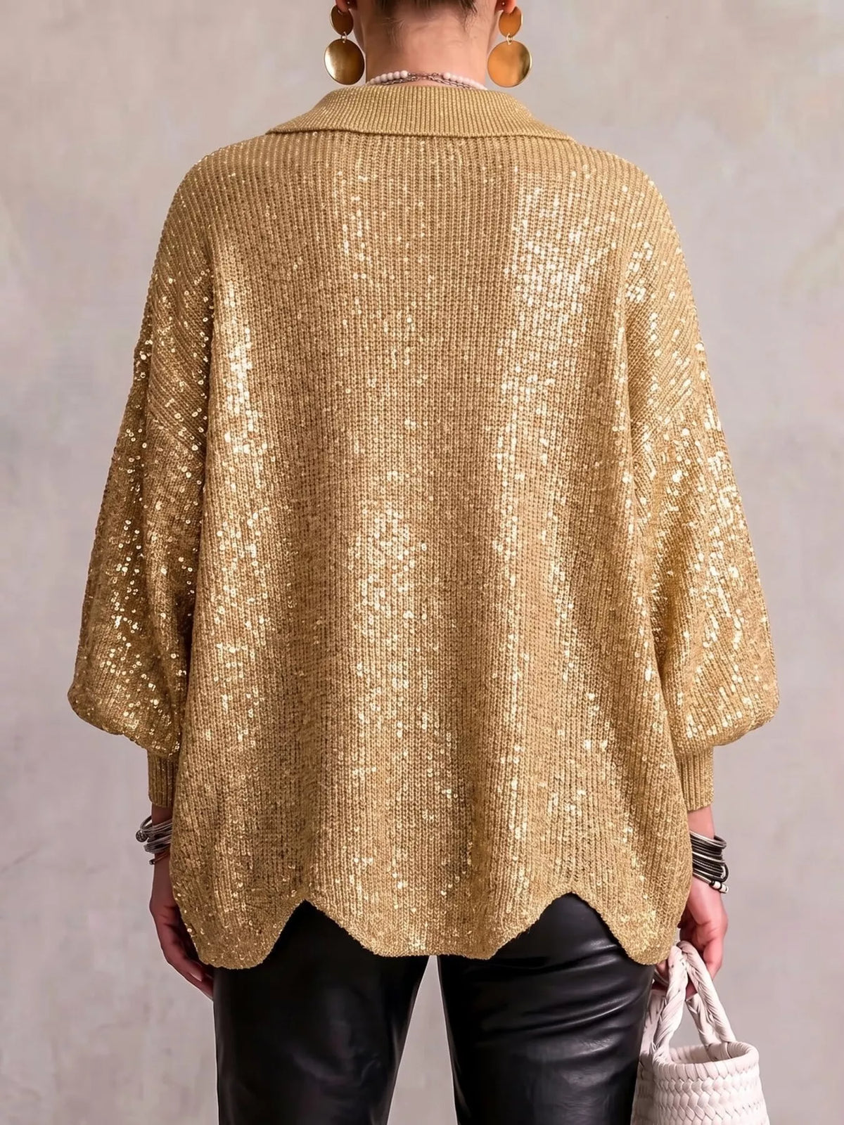 full size collared wavy hem knit cardigan with metal | dropsona - neutral - front view