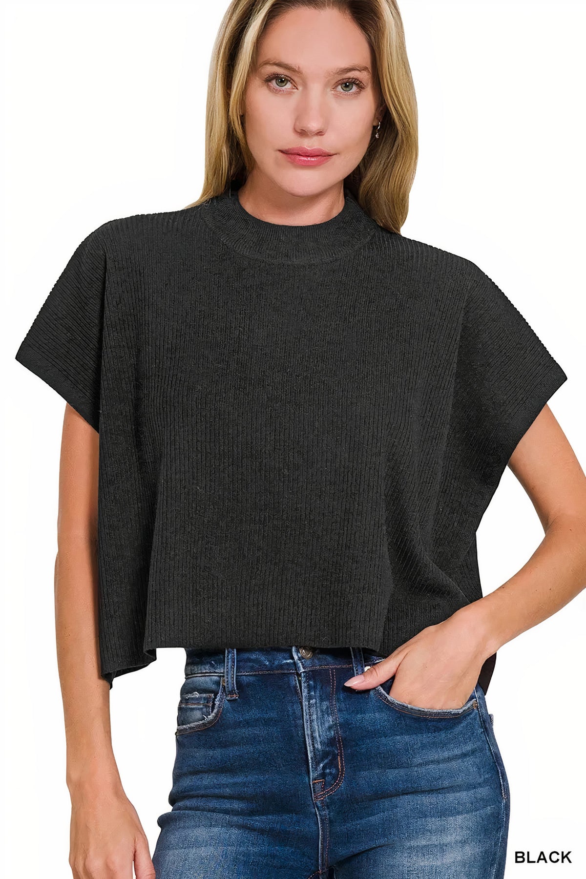 zenana viscose mock neck short sleeve boxy sweater - everyday wear