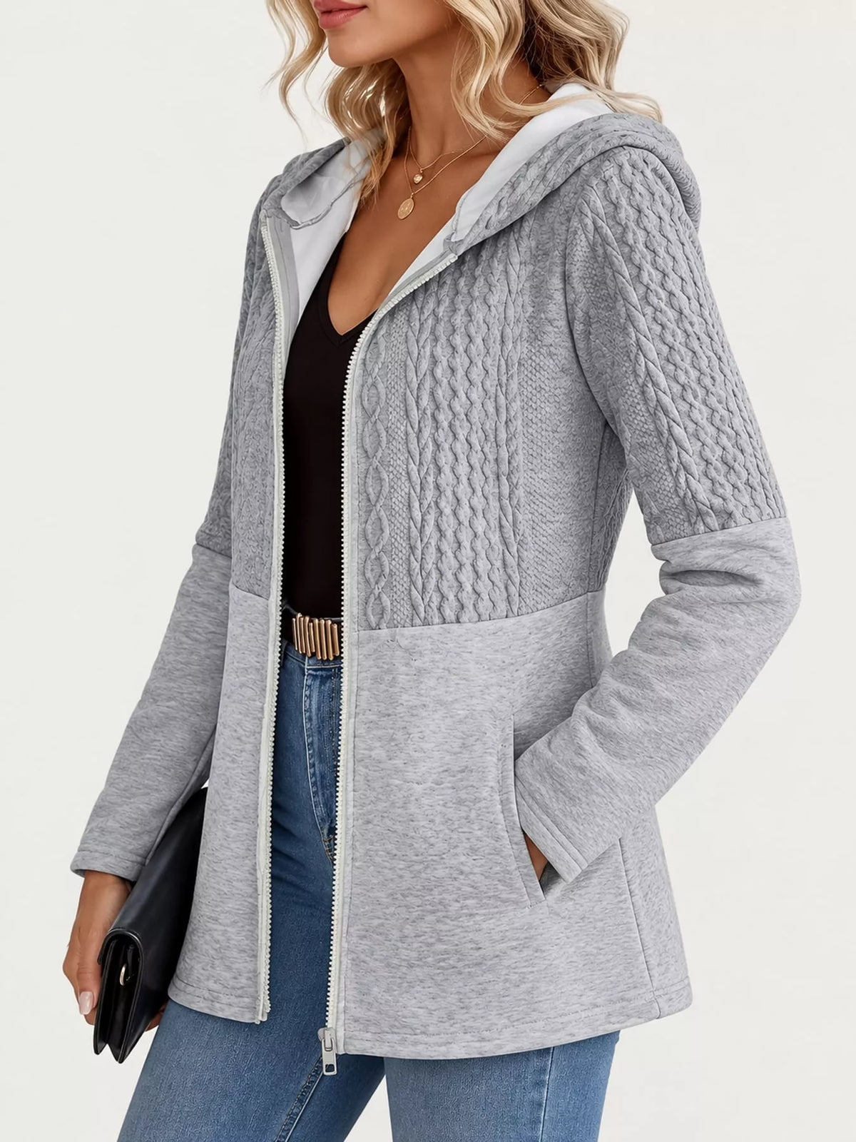 full size textured hooded zip-up jacket plus | dropsona - neutral - front view
