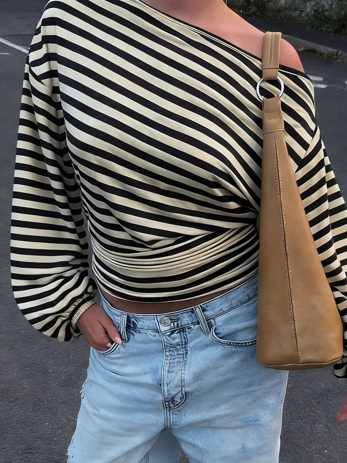 one shoulder striped long sleeve slim-fit t-shirt | dropsona - neutral - front view
