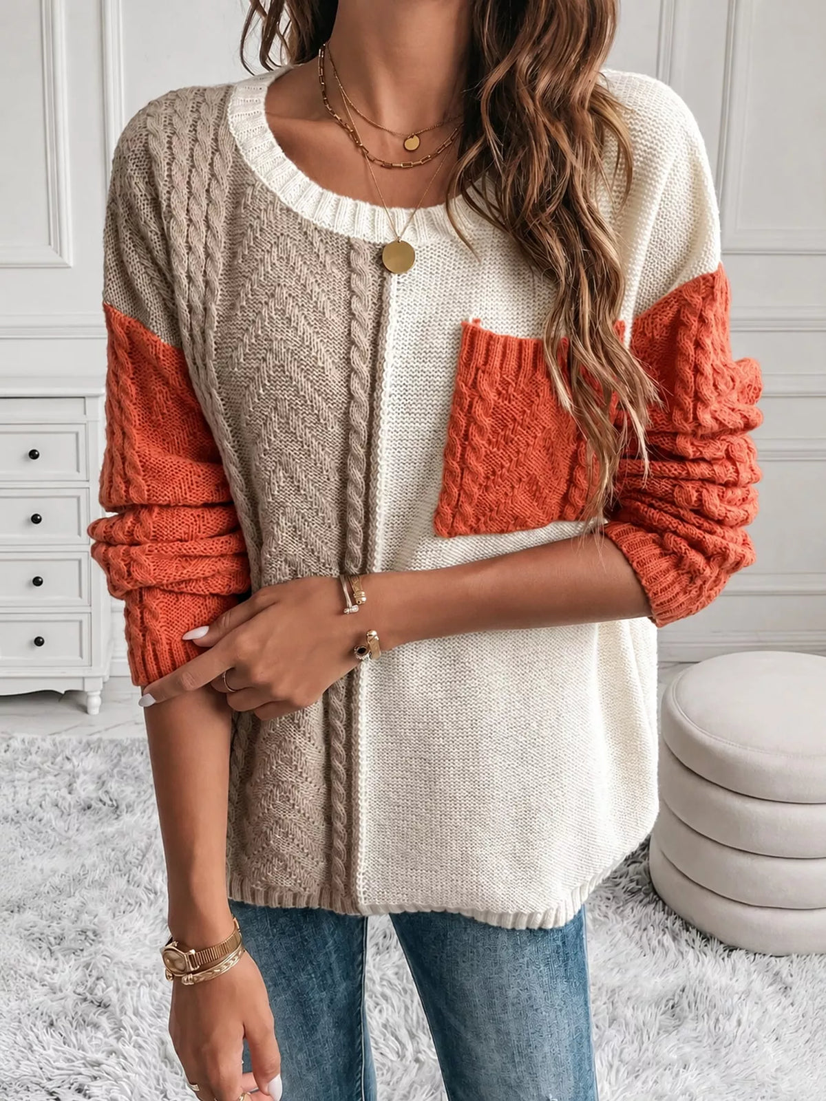 color block cable knit sweater – cable-knit fit | dropsona - neutral - everyday use
