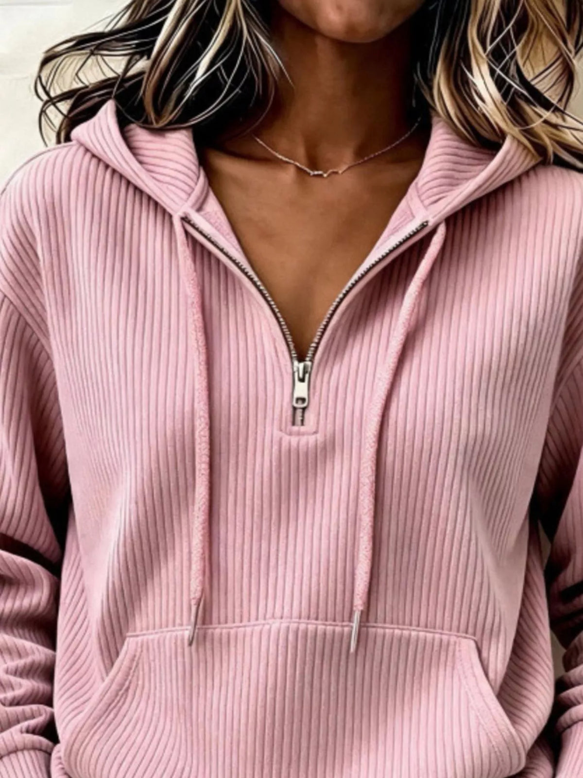 ribbed knit quarter-zip hoodie | dropsona - neutral - front view