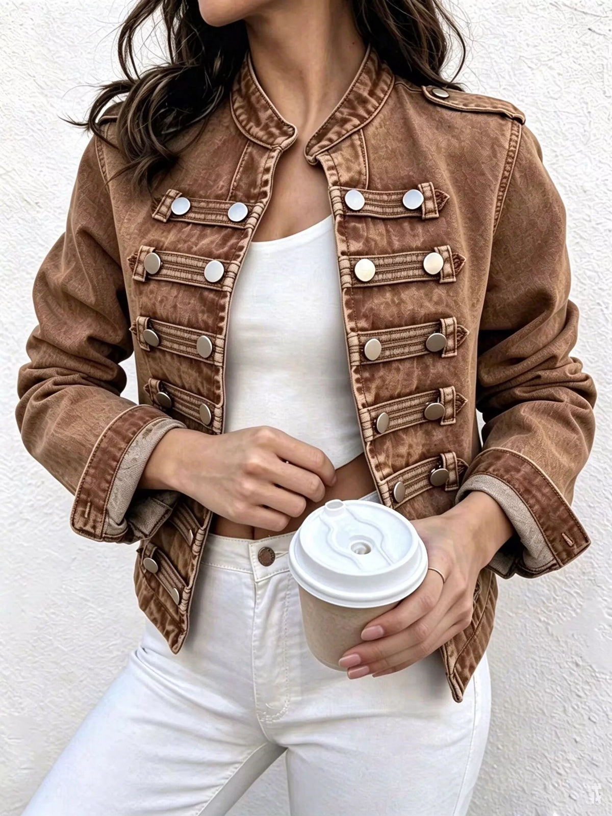 vintage open front denim jacket with decor buttoned - everyday wear