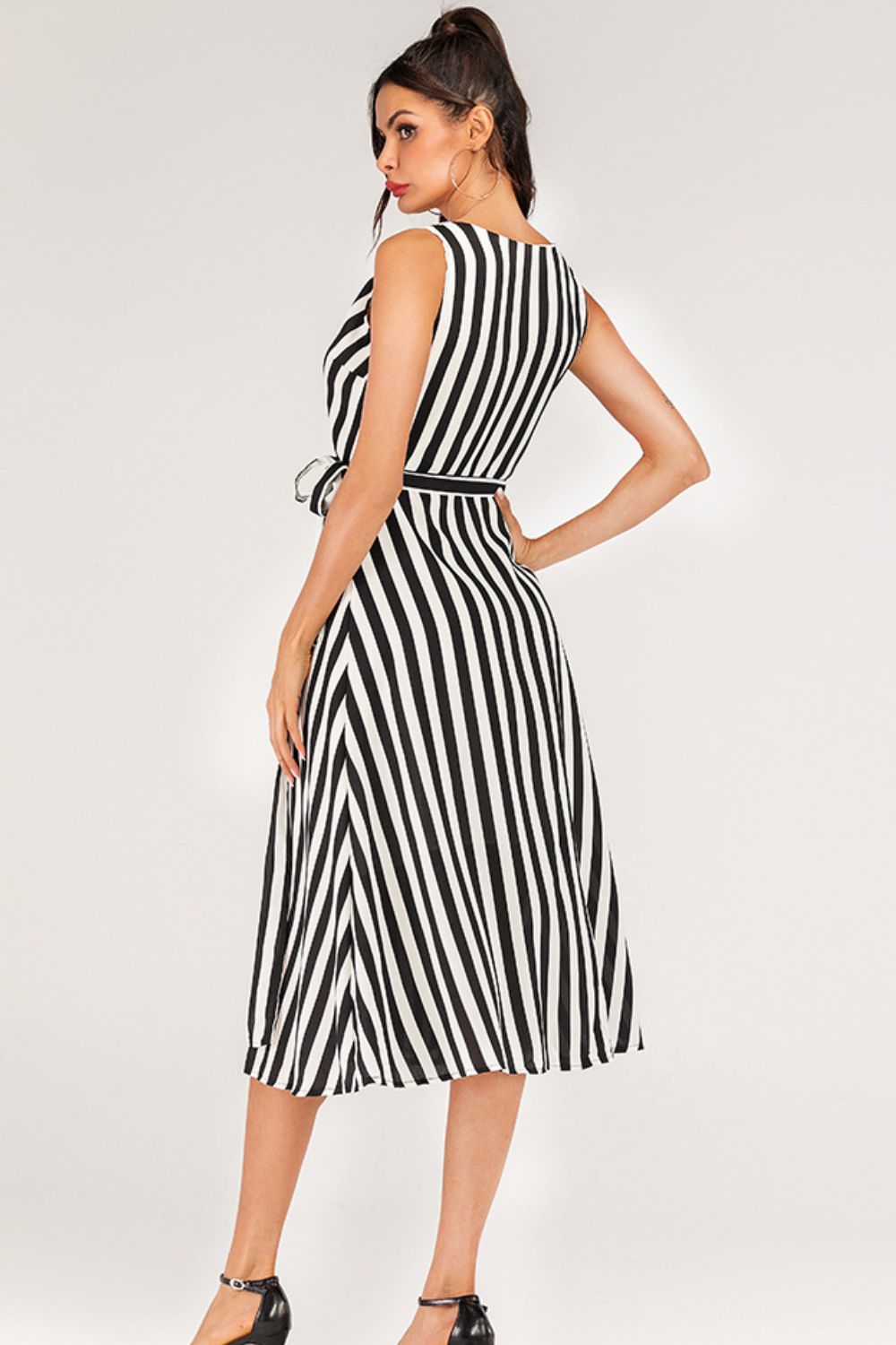 striped surplice tied sleeveless dress | dropsona - neutral - front view