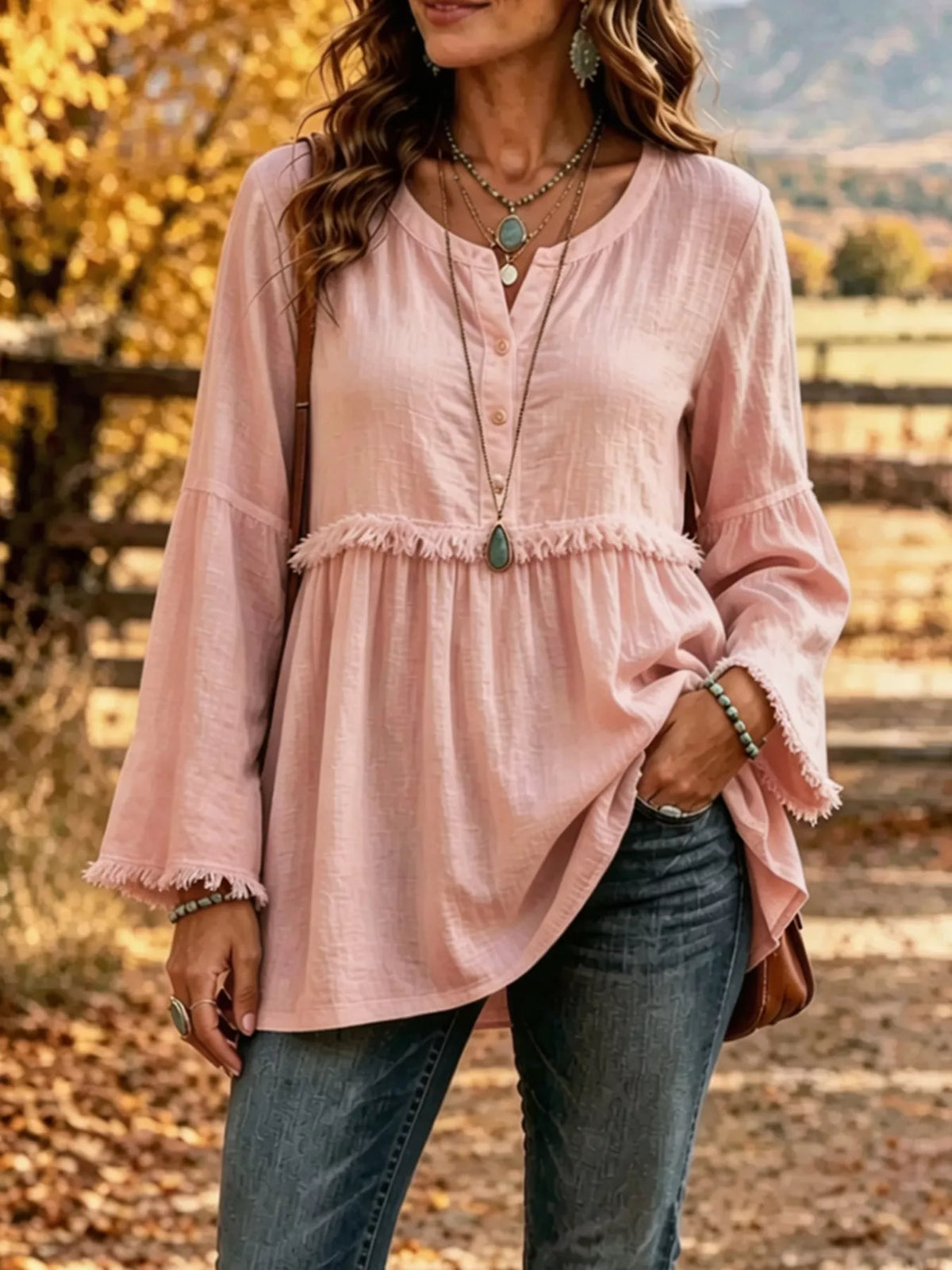 full size fringed button detail blouse plus | dropsona - neutral - everyday use