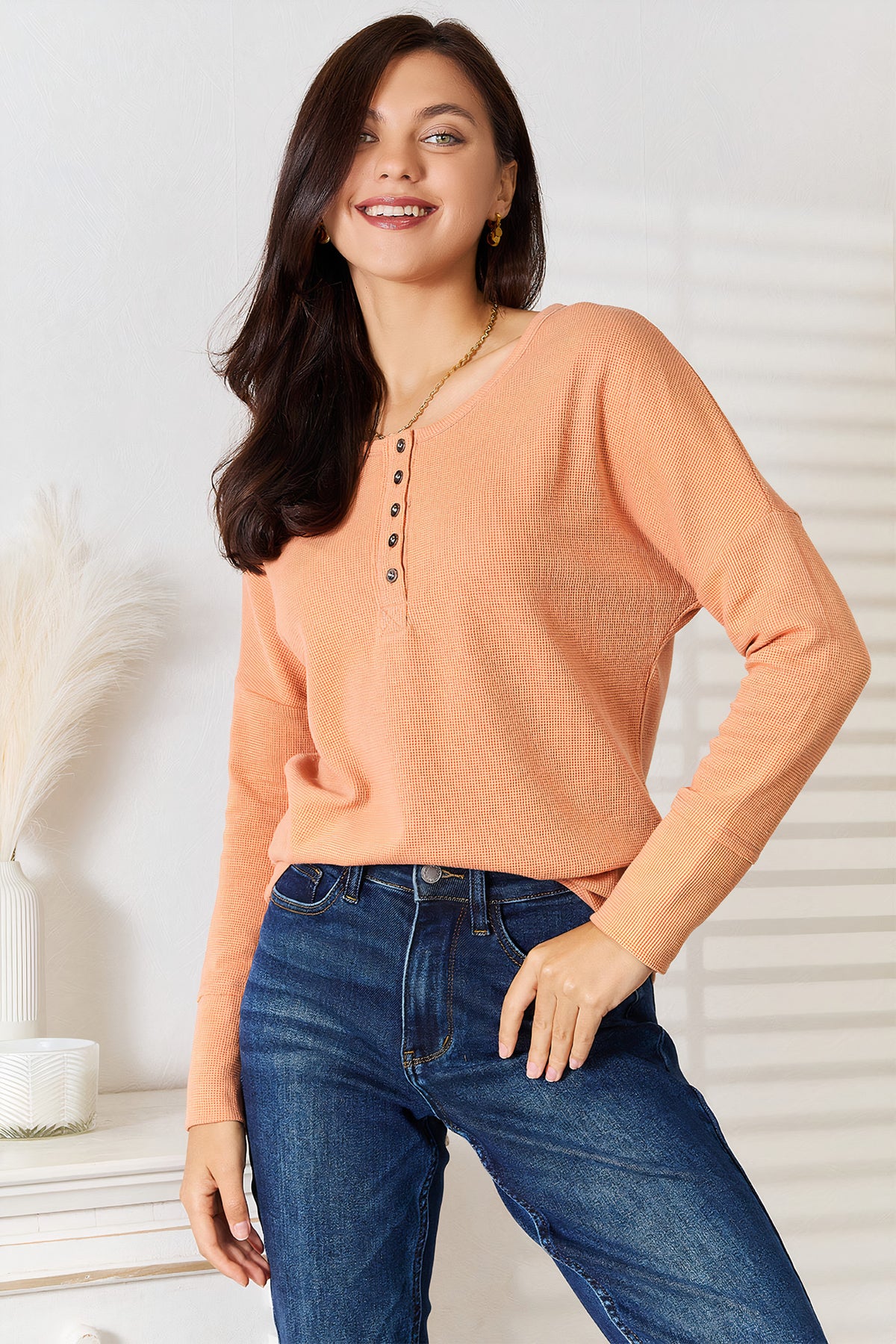 basic bae half button long sleeve top - everyday wear