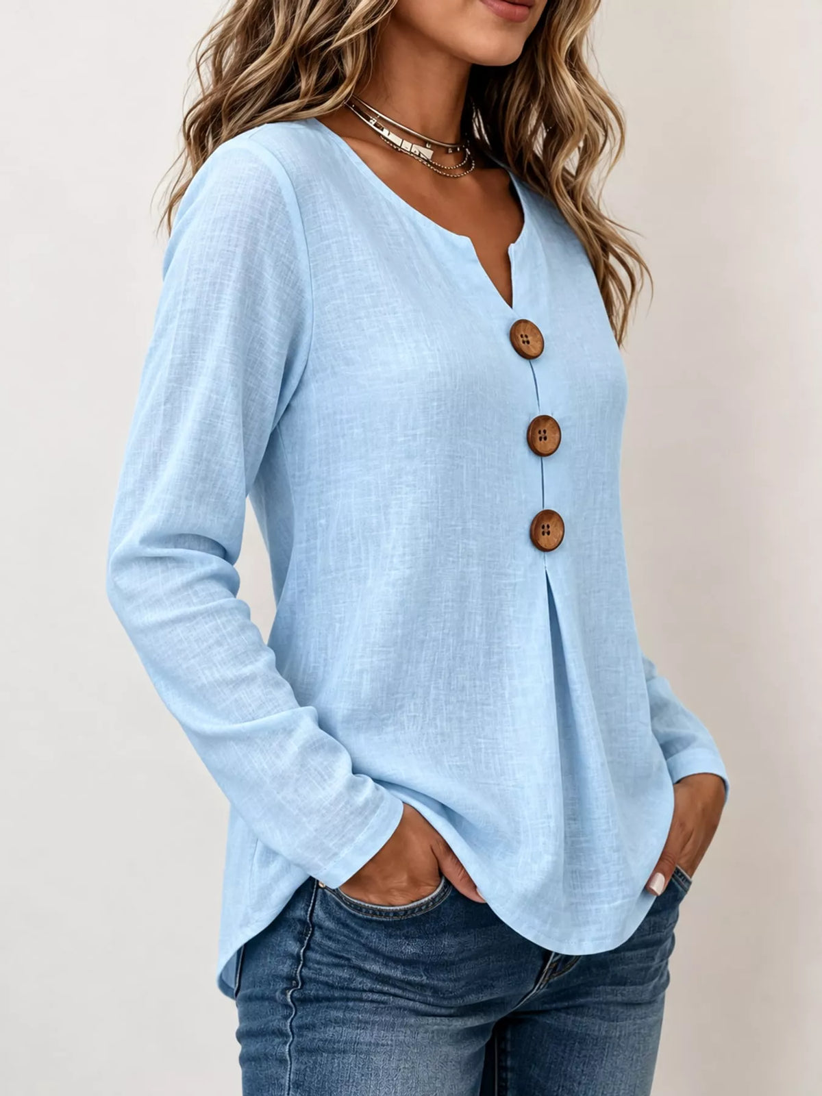 full size long sleeve blouse with decorative wooden | dropsona - neutral - front view