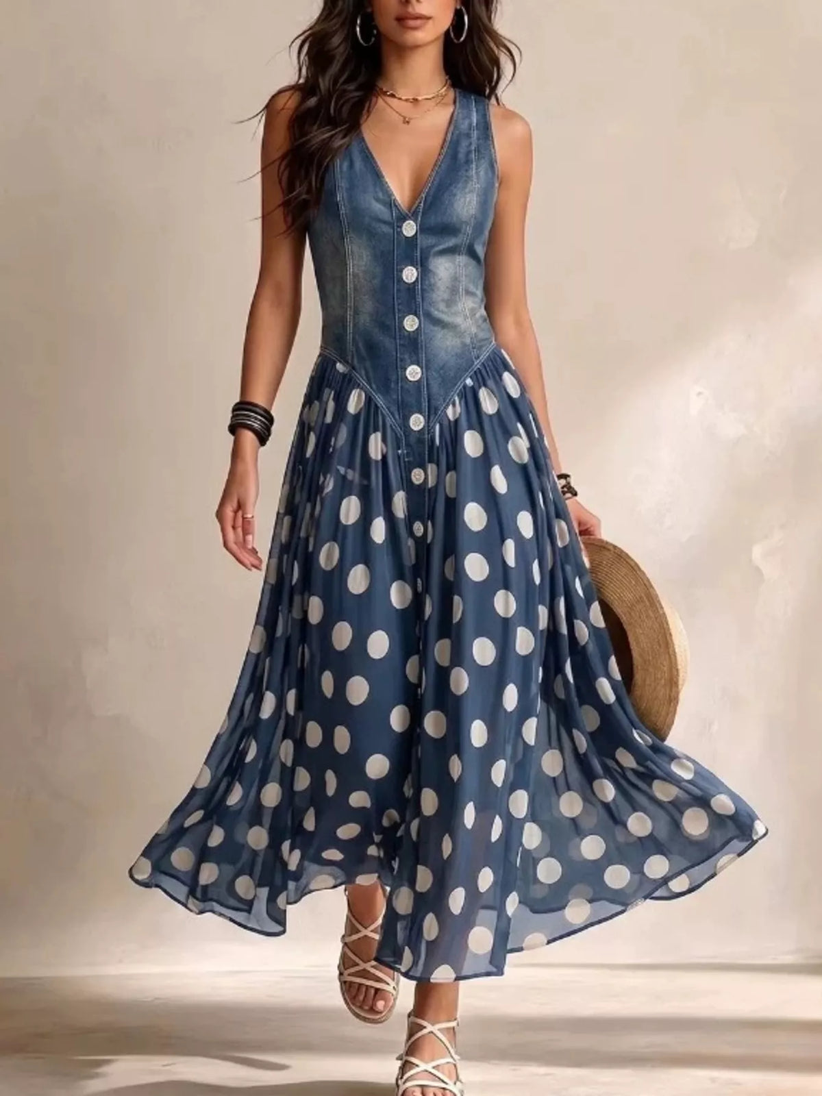 full size polka dot sleeveless maxi dress plus | dropsona - neutral - everyday use