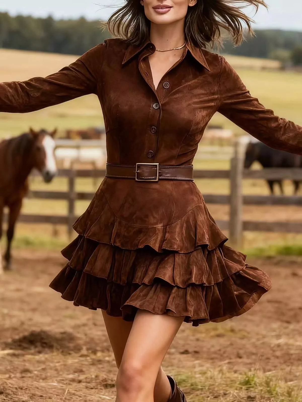 ruffle layered button front mini dress – ruffled fit | dropsona - neutral - front view