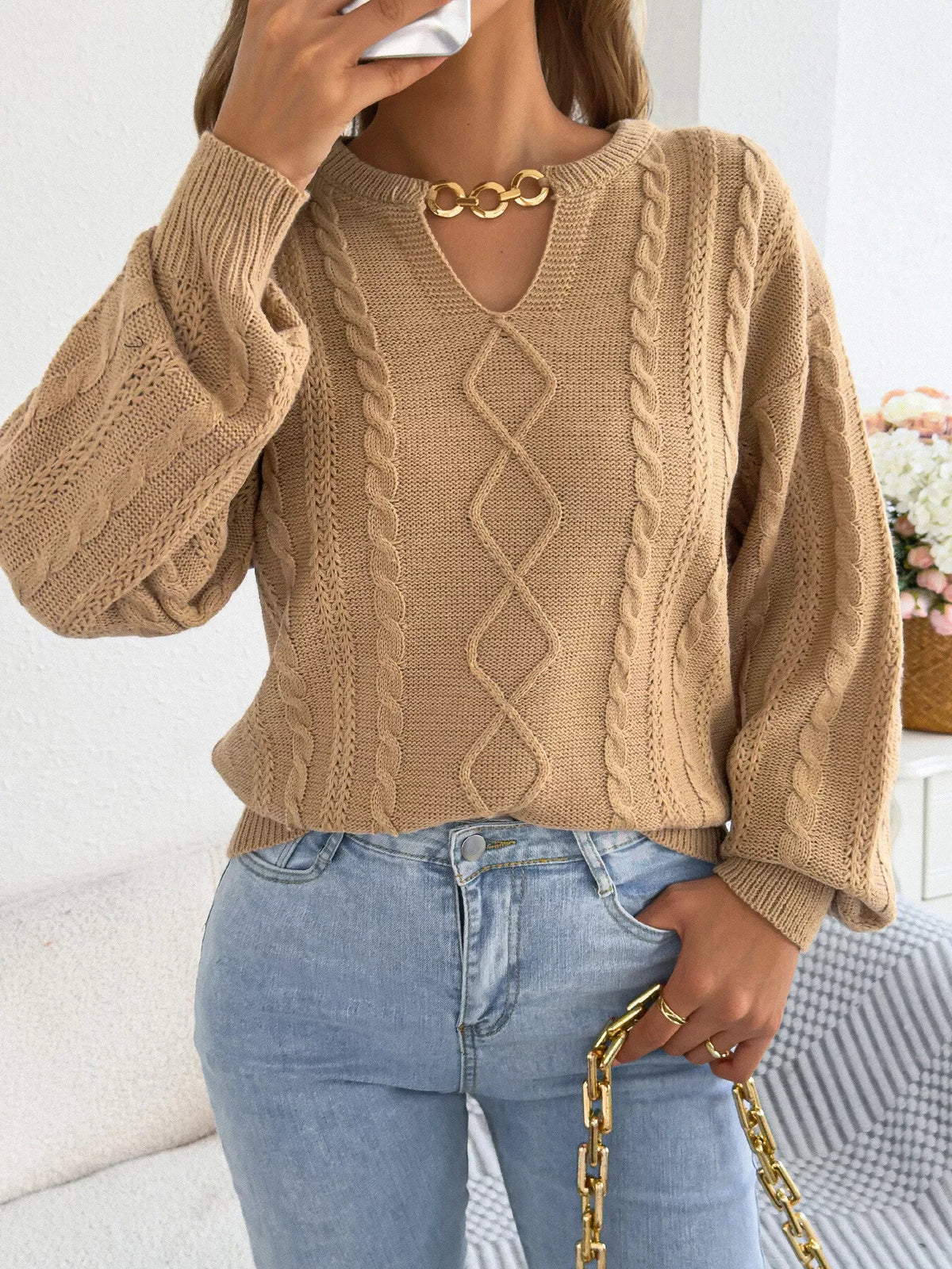 cable knit notched sweater – basic style | dropsona - neutral - everyday use