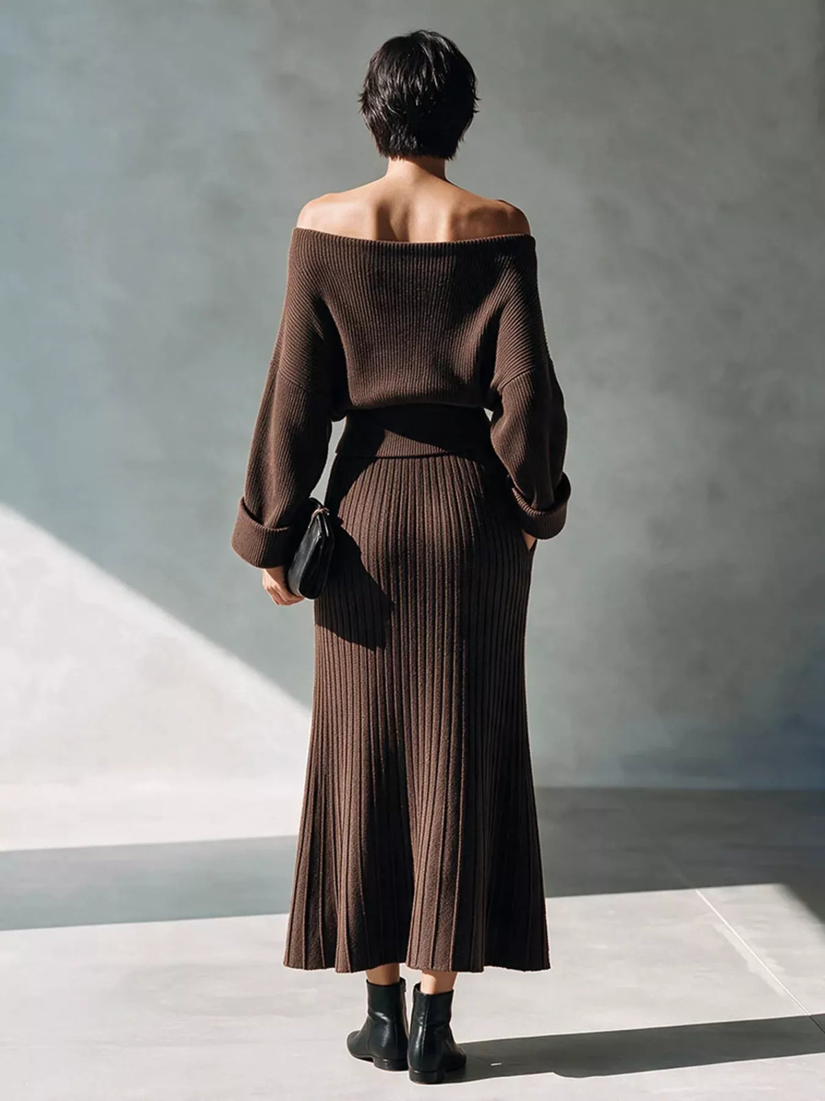 elegant off-shoulder ribbed knit top and skirt set | dropsona - neutral - front view
