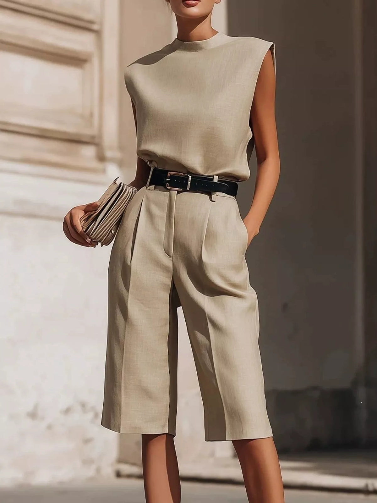 full size elegant sleeveless top and bermuda shorts | dropsona - neutral - everyday use