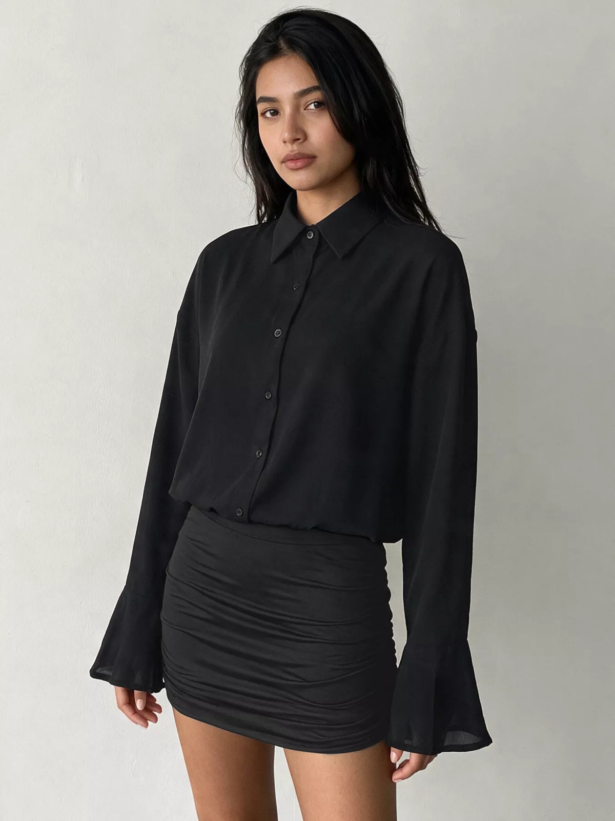button front flounce sleeve bodycon shirt dress | dropsona - neutral - front view