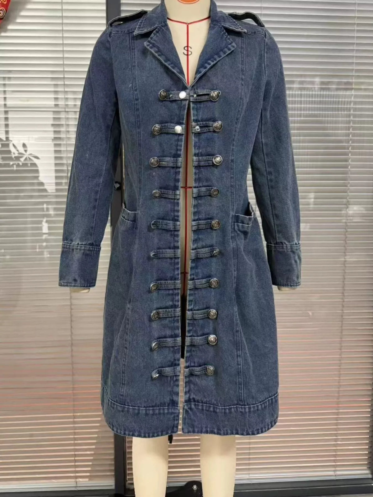 full size decorative button longline denim jacket | dropsona - neutral - front view