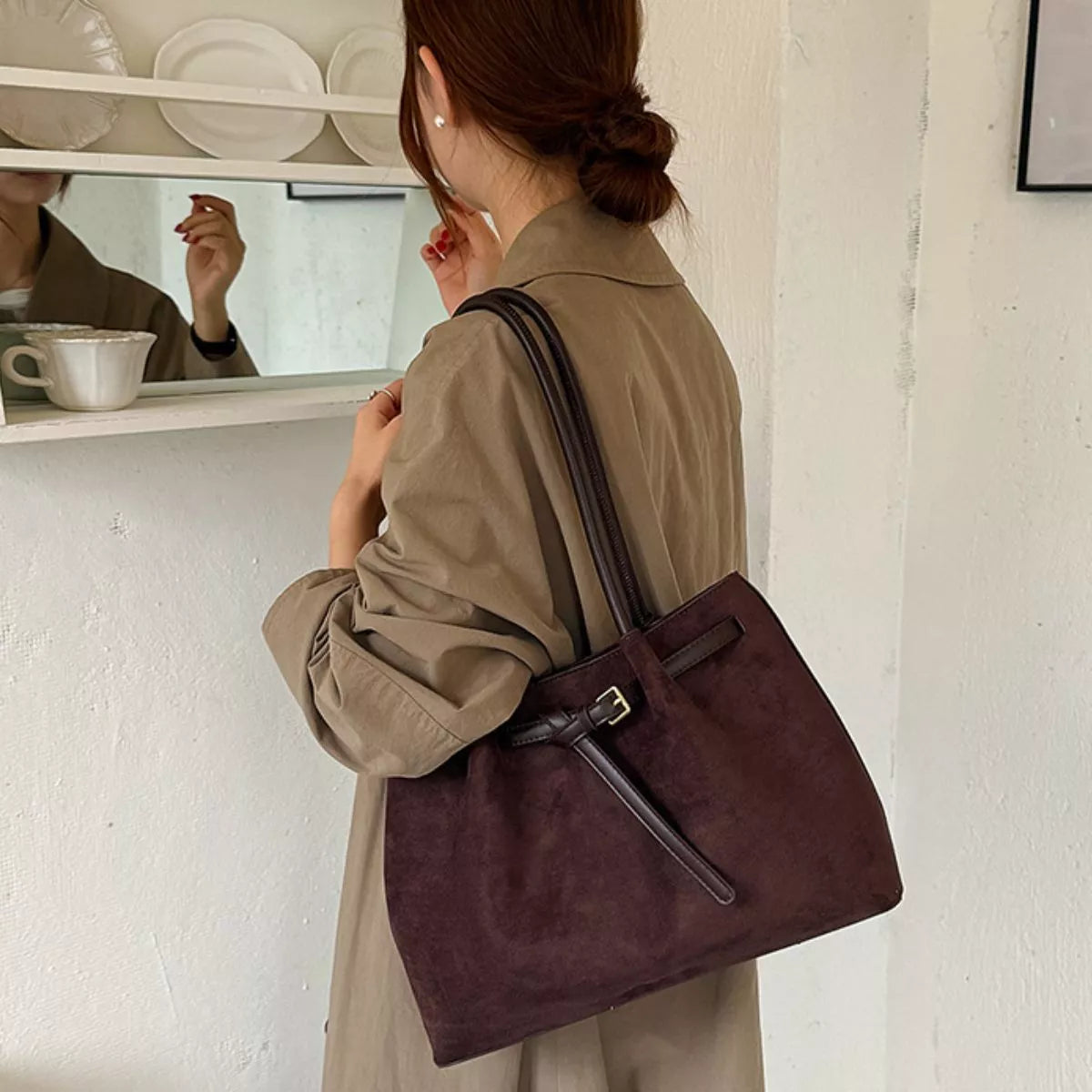 vintage suede shoulder bag – stylish sling | dropsona - neutral - front view