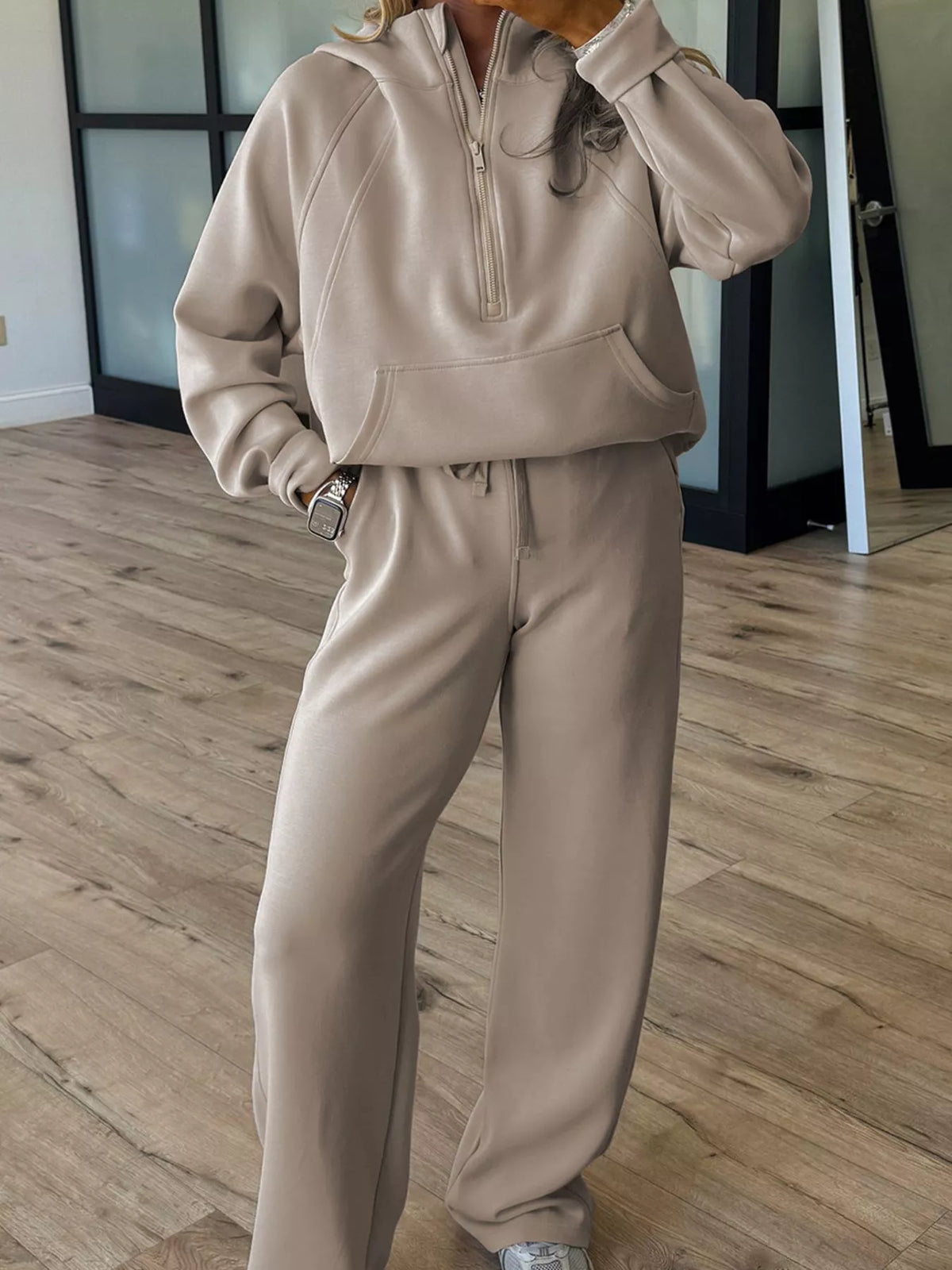 half zip long sleeve hoodie and pants 2pcs outfit | dropsona - neutral - everyday use