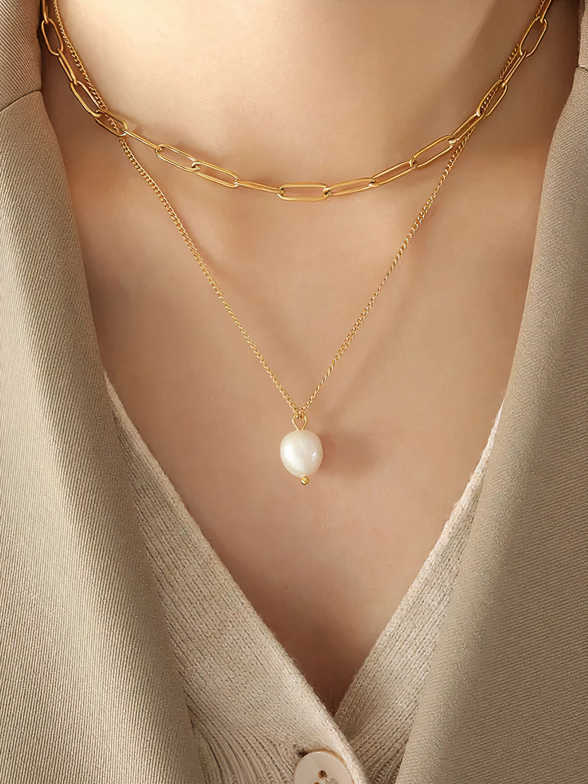 freshwater pearl titanium steel double-layered necklace - everyday wear
