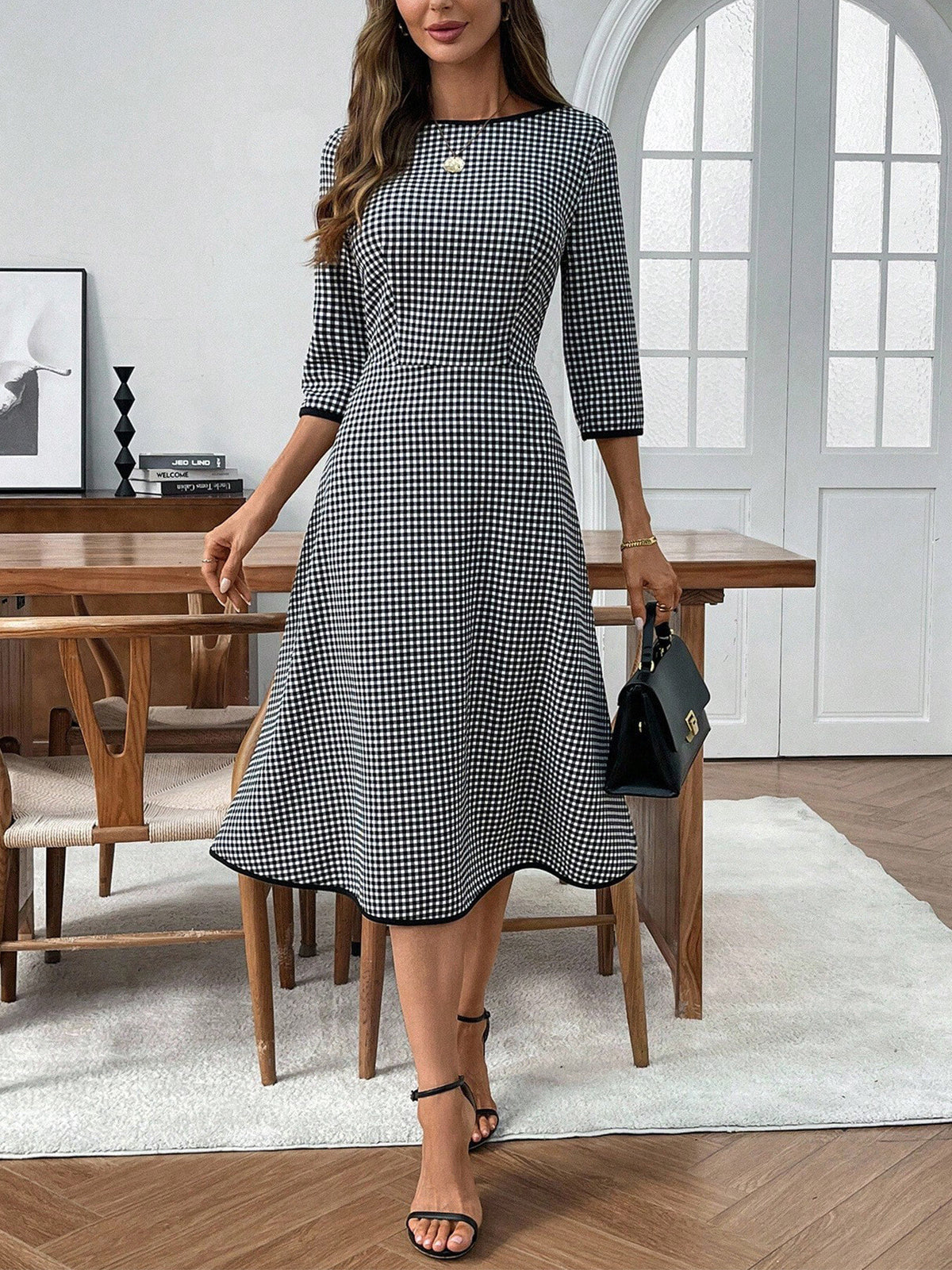 plaid round neck 3/4 sleeve dress - front view