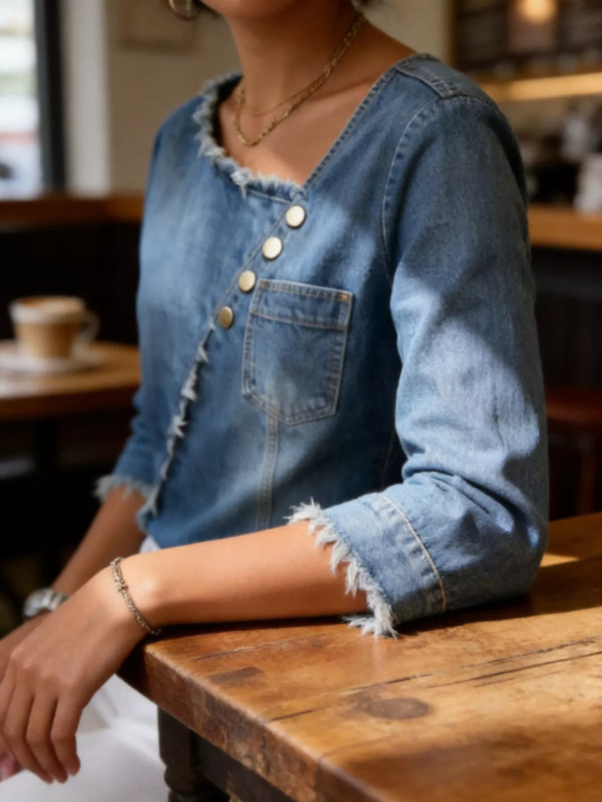 asymmetric raw-edge button-detail denim top | dropsona - neutral - front view