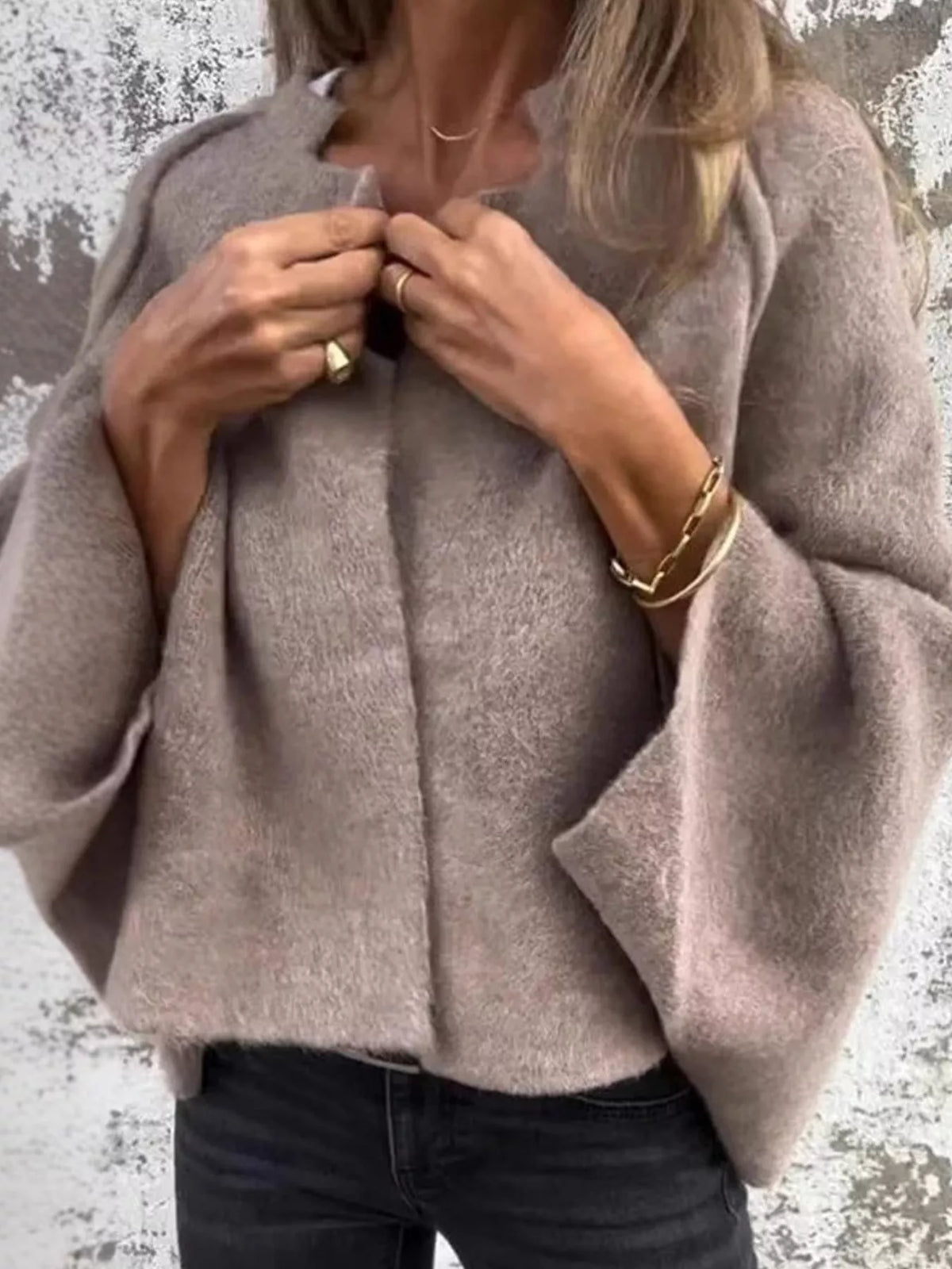 full size fuzzy texture open-front cropped outerwear | dropsona - neutral - everyday use