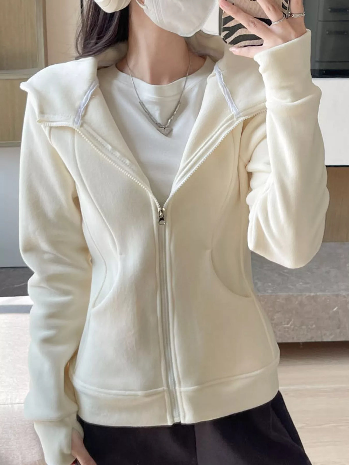 slim-fit full-zip thumb hole long sleeve hoodie with | dropsona - neutral - front view