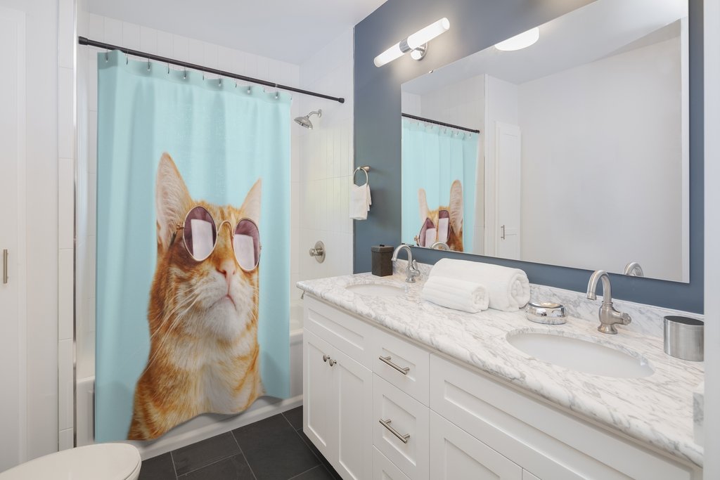 cat rules shower curtains – expression of personality | dropsona - neutral - front view