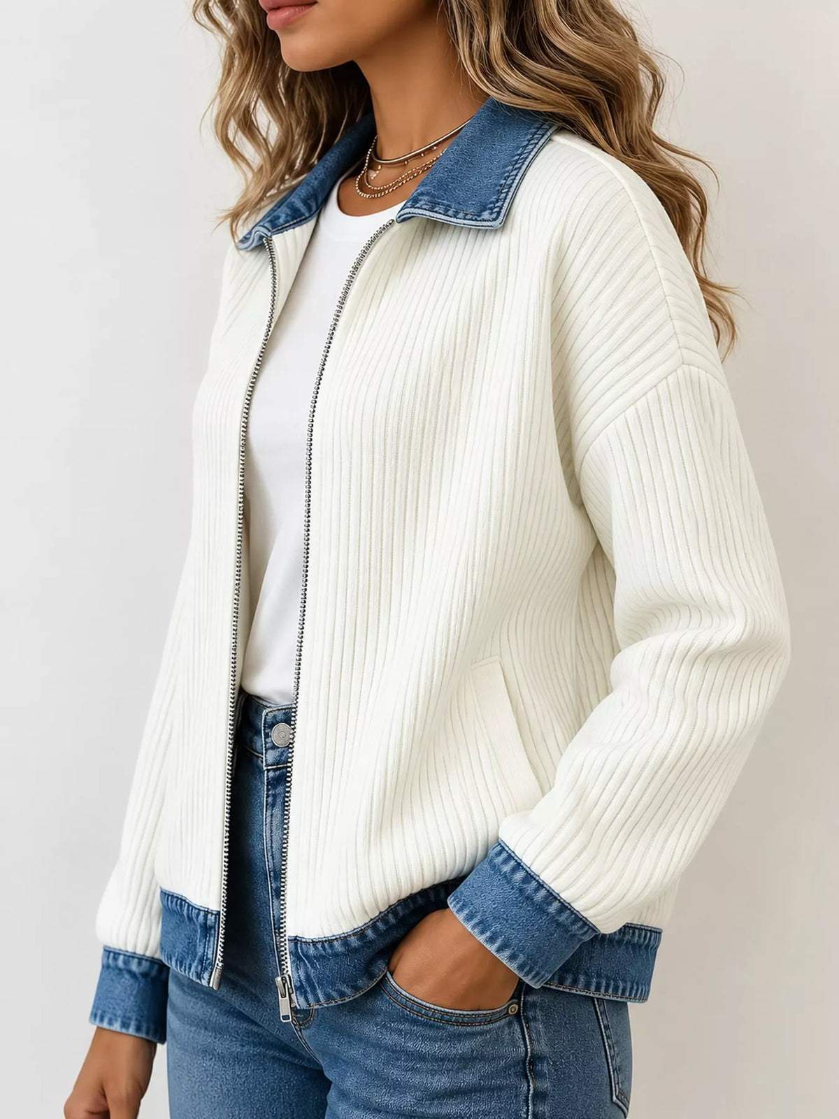 full size denim-collar ribbed knit zip-up jacket plus | dropsona - neutral - front view