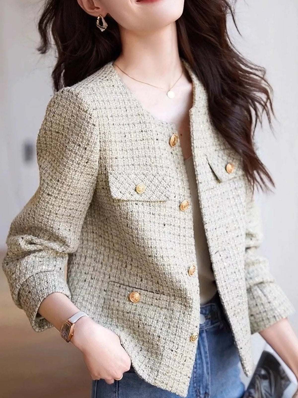 elegant tweed jacket with gold-tone button accents | dropsona - neutral - everyday use