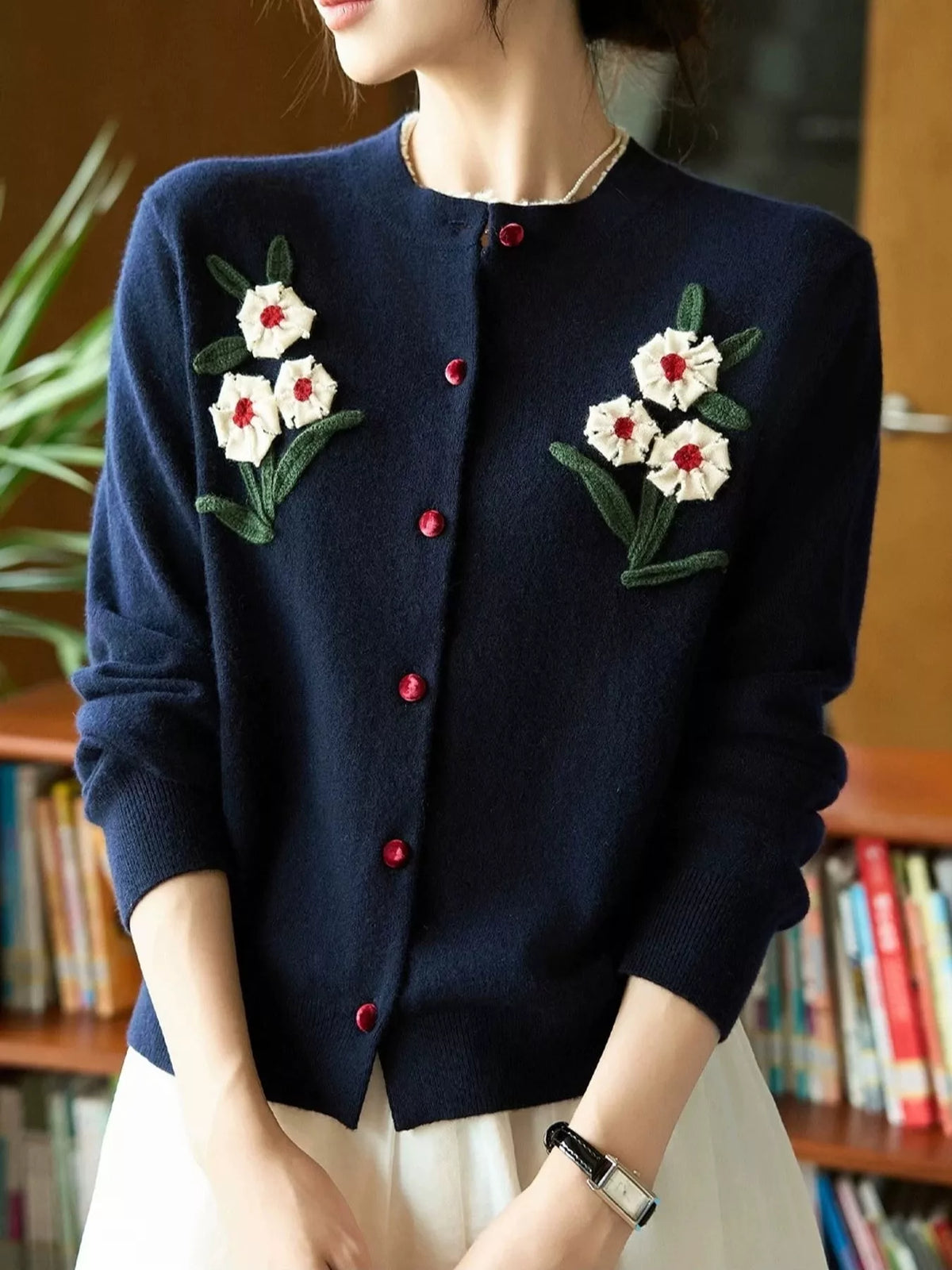 floral button up cardigan – applique,buttoned fit | dropsona - neutral - everyday use
