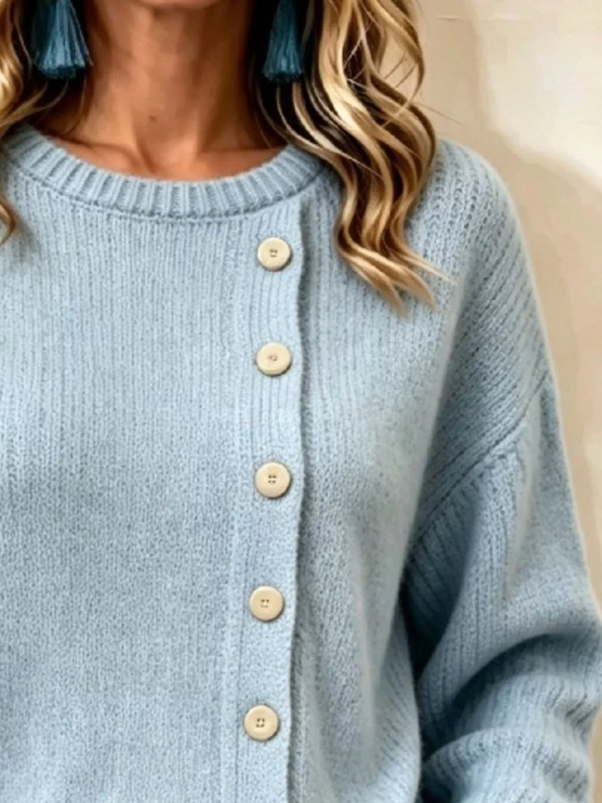 decorative button round neck sweater – basic style | dropsona - neutral - front view
