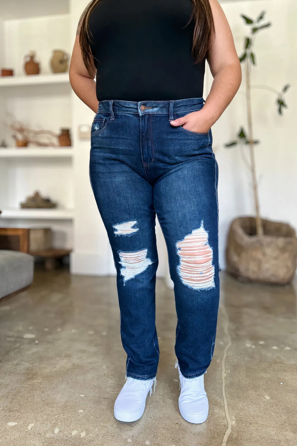 judy blue full size high waist rigid magic heavy destroy straight jeans - everyday wear