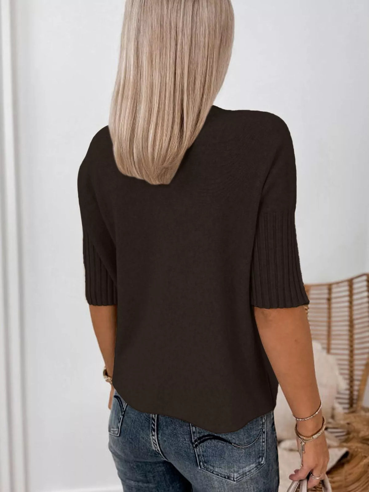 ribbed trim high neck short sleeve casual sweater | dropsona - neutral - front view