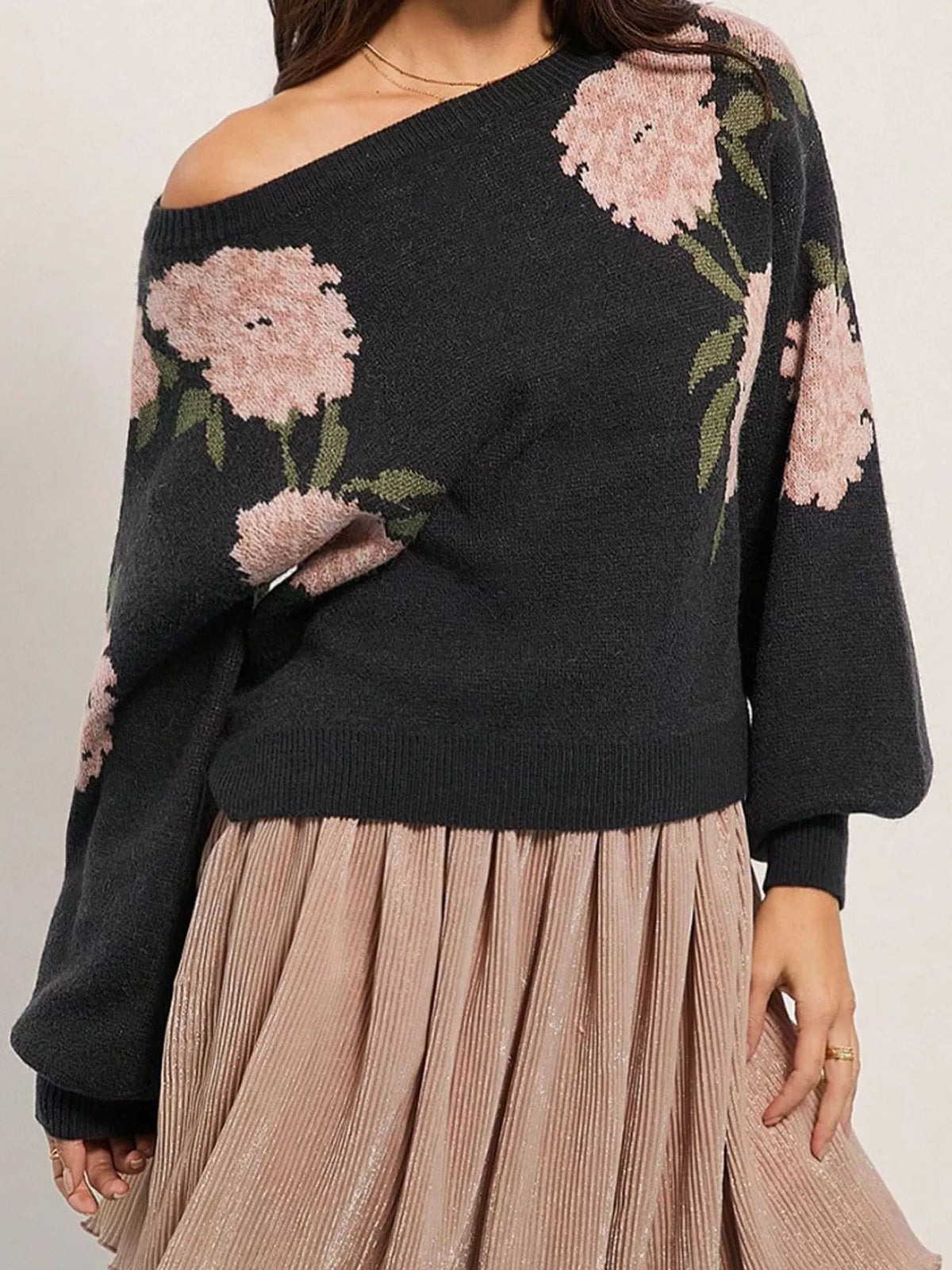 floral pattern dropped shoulder sweater – basic style | dropsona - neutral - everyday use