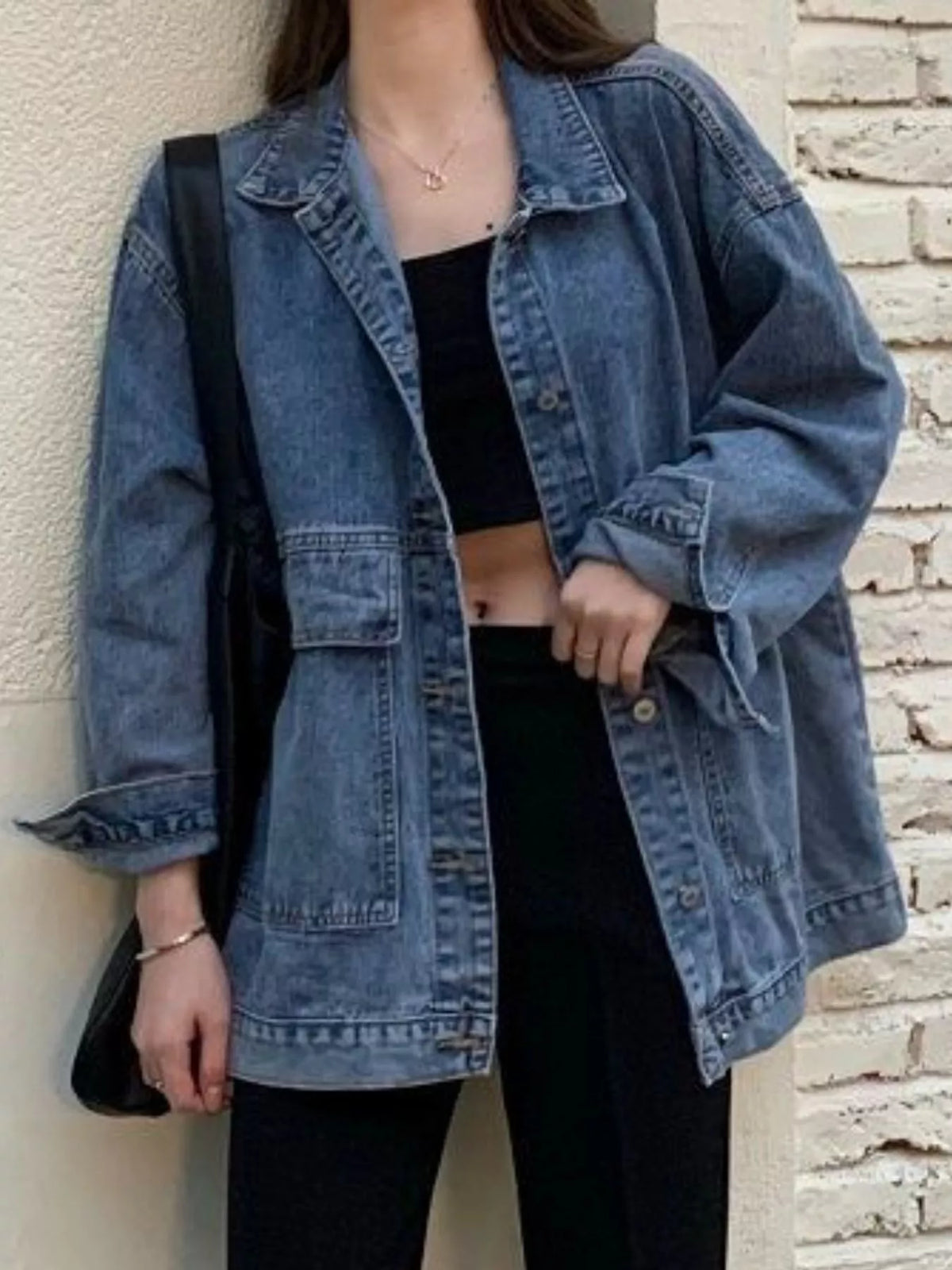 oversized wash denim jacket with utility pockets | dropsona - neutral - everyday use