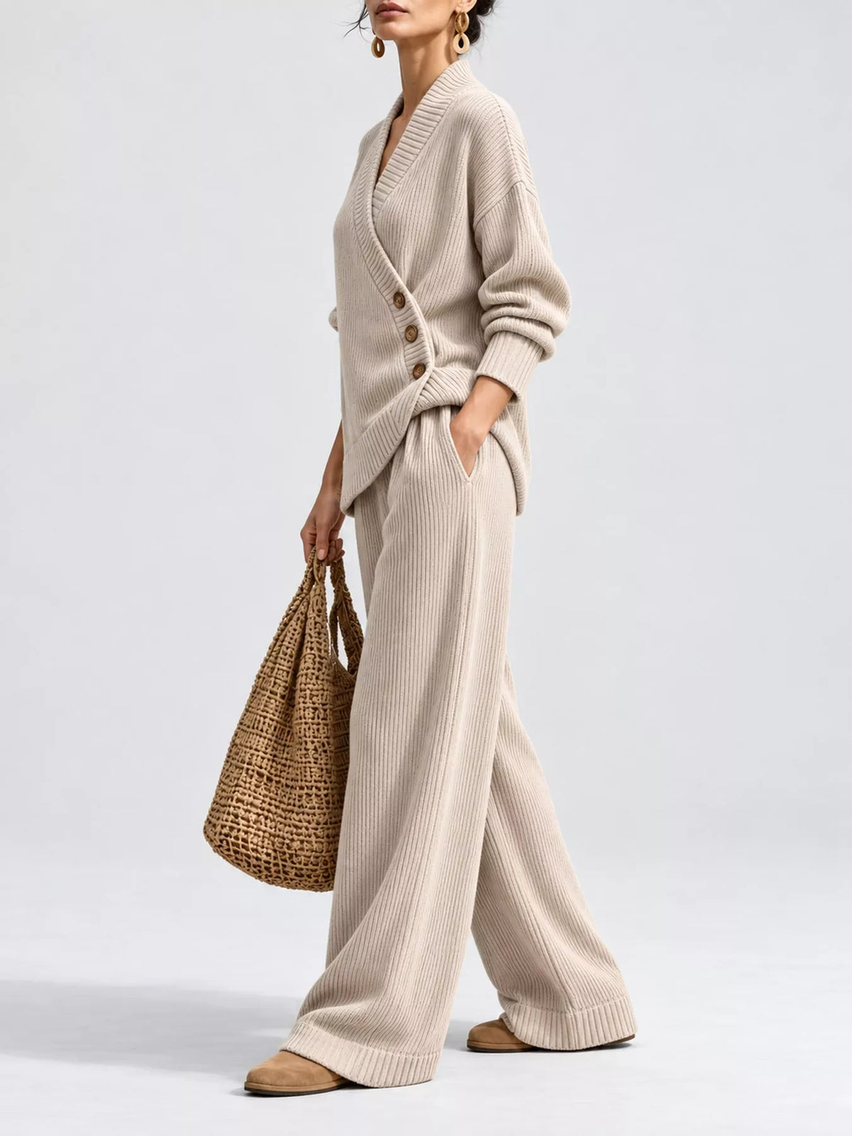 full size elegant v-neck wrap sweater and wide-leg | dropsona - neutral - front view
