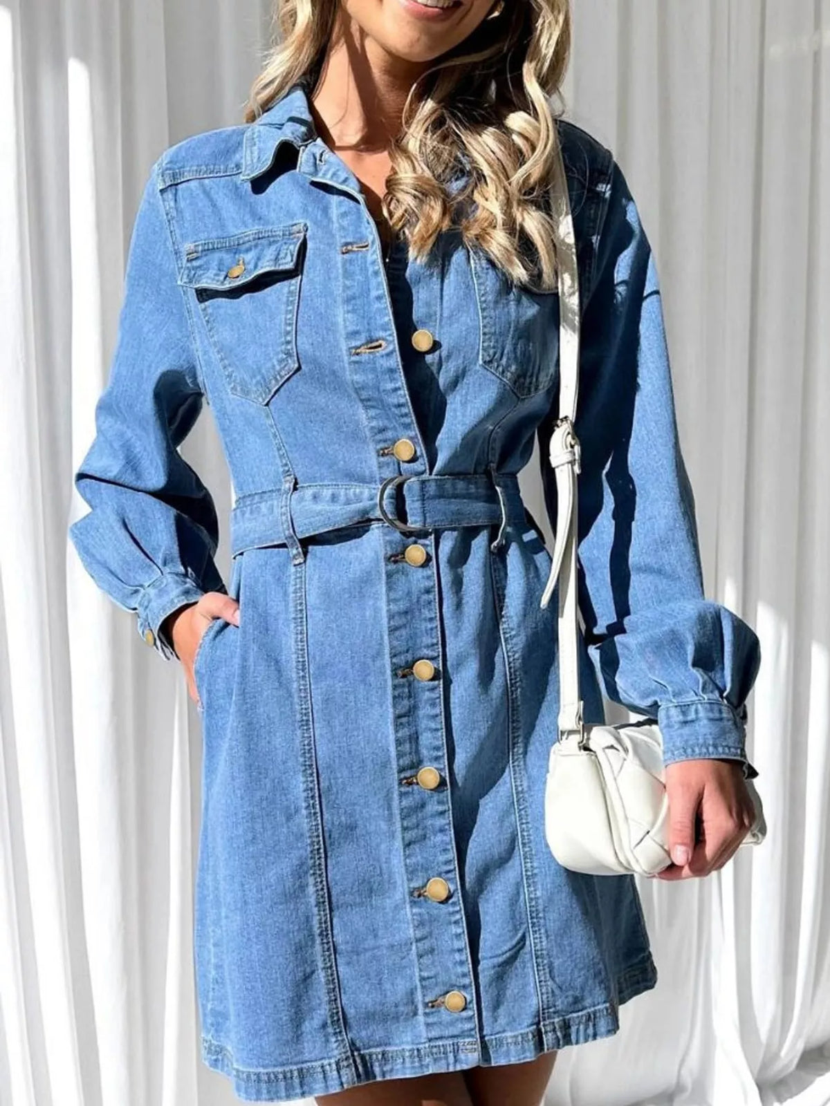 button-down denim dress with belted waist and long | dropsona - neutral - everyday use