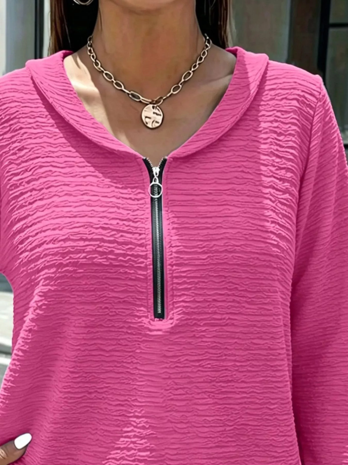 full size textured quarter-zip blouse plus | dropsona - neutral - front view