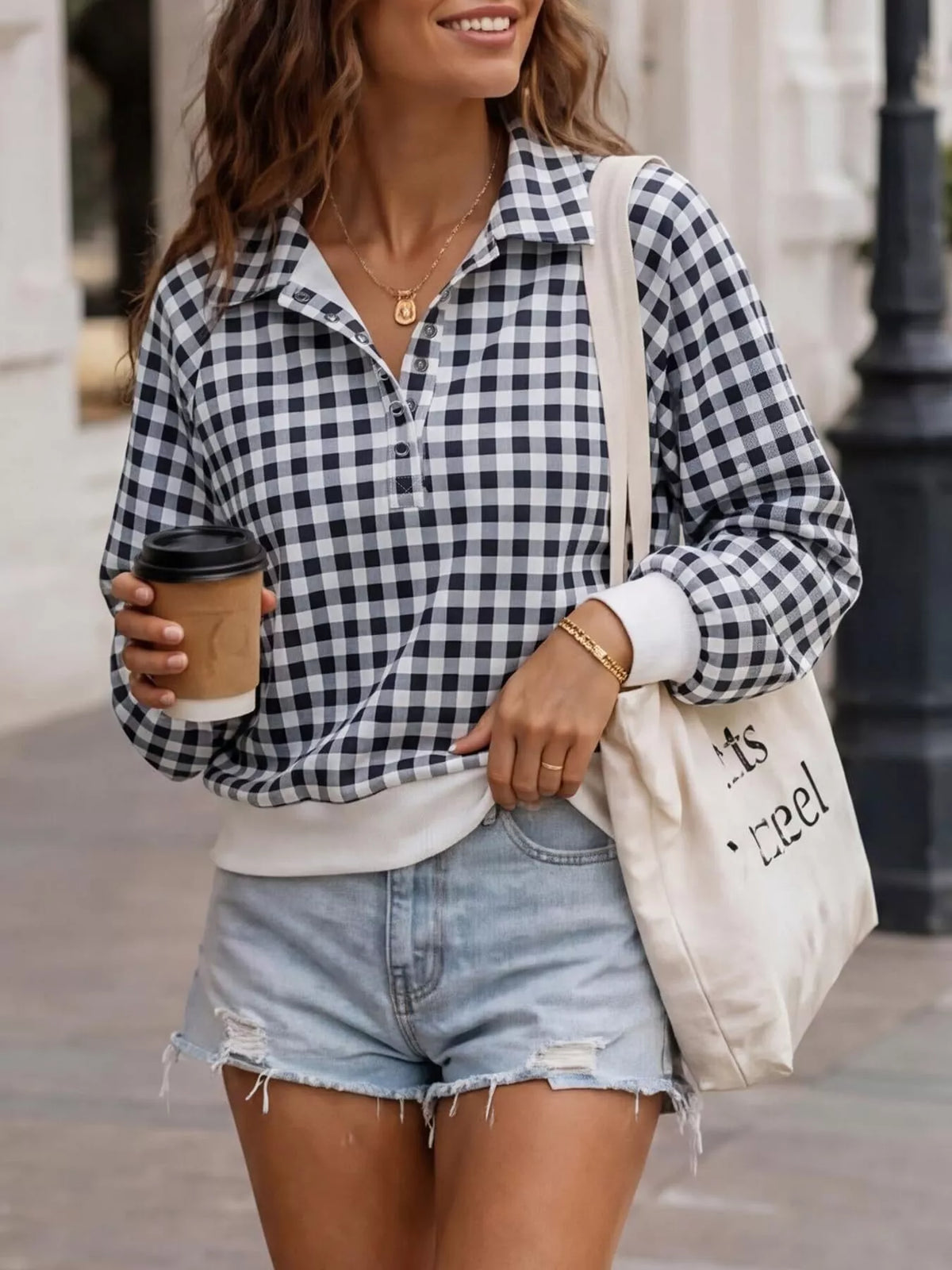 gingham plaid collared sweatshirt with ribbed hem | dropsona - neutral - front view