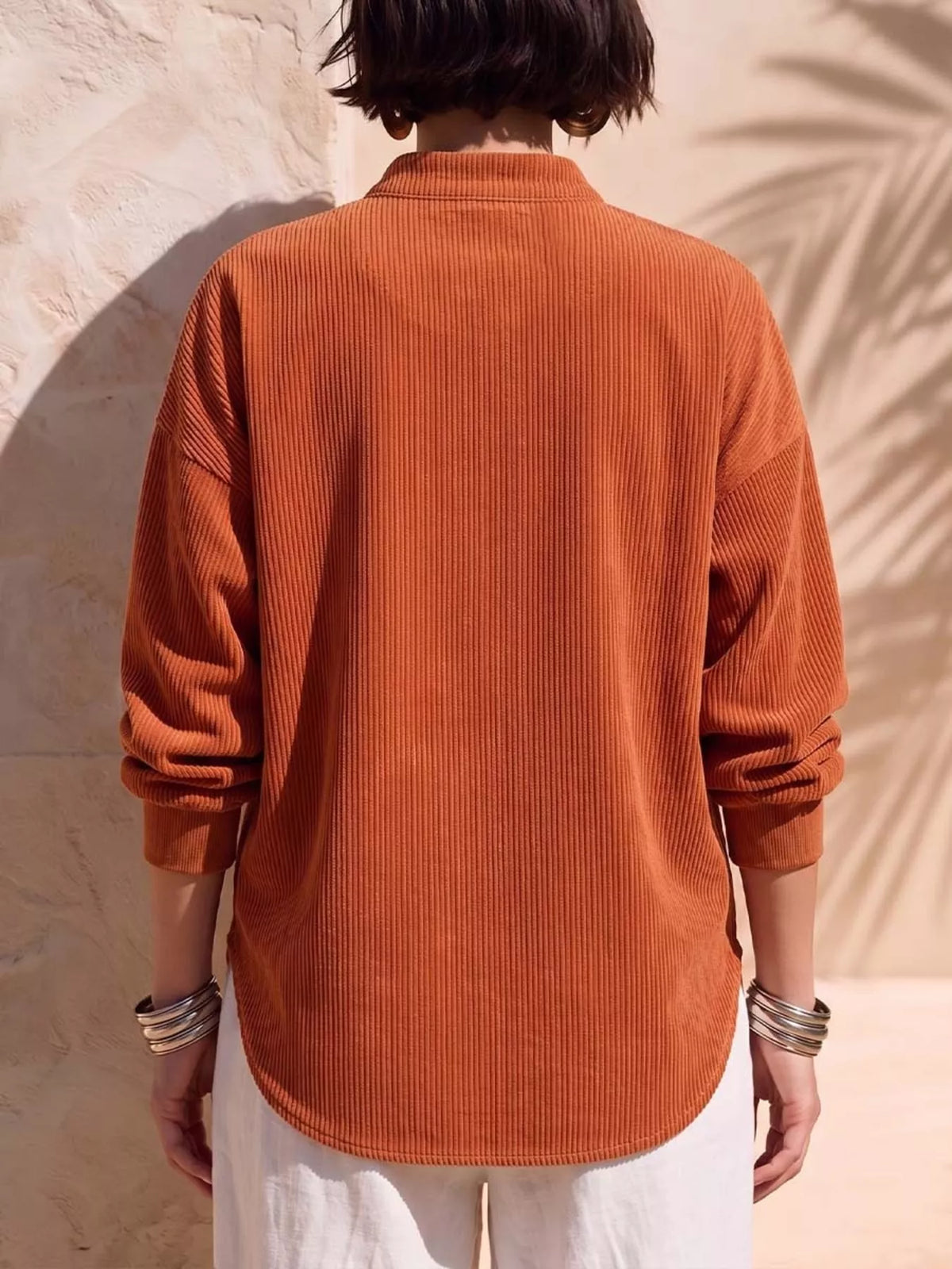 full size half zip dropped shoulder corduroy top plus | dropsona - neutral - front view