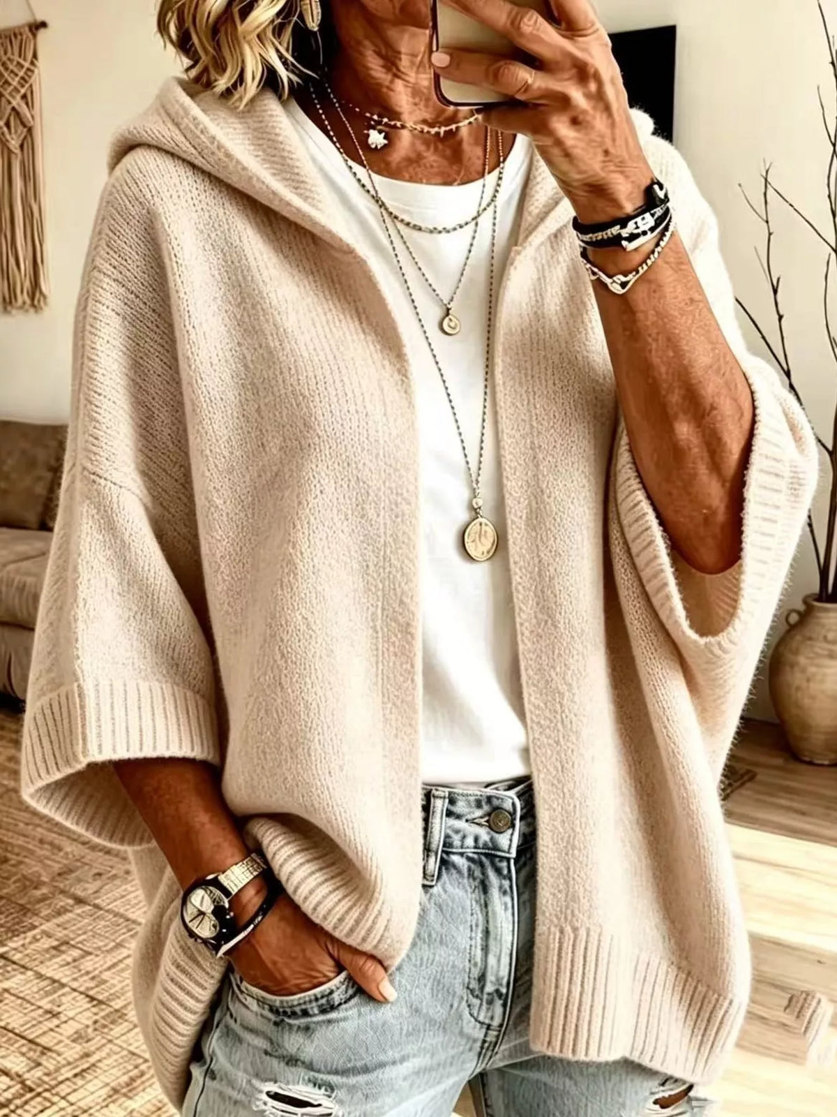 full size hooded open-front knit cardigan plus | dropsona - neutral - everyday use
