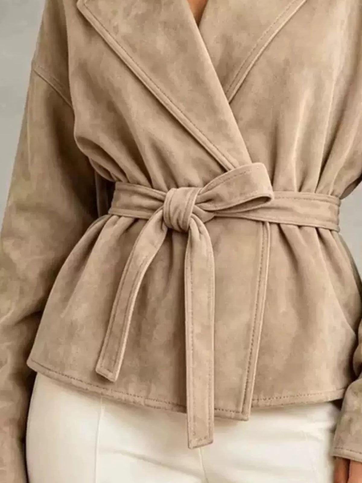 tie-waist lapel collar jacket – yeesh | dropsona - neutral - front view