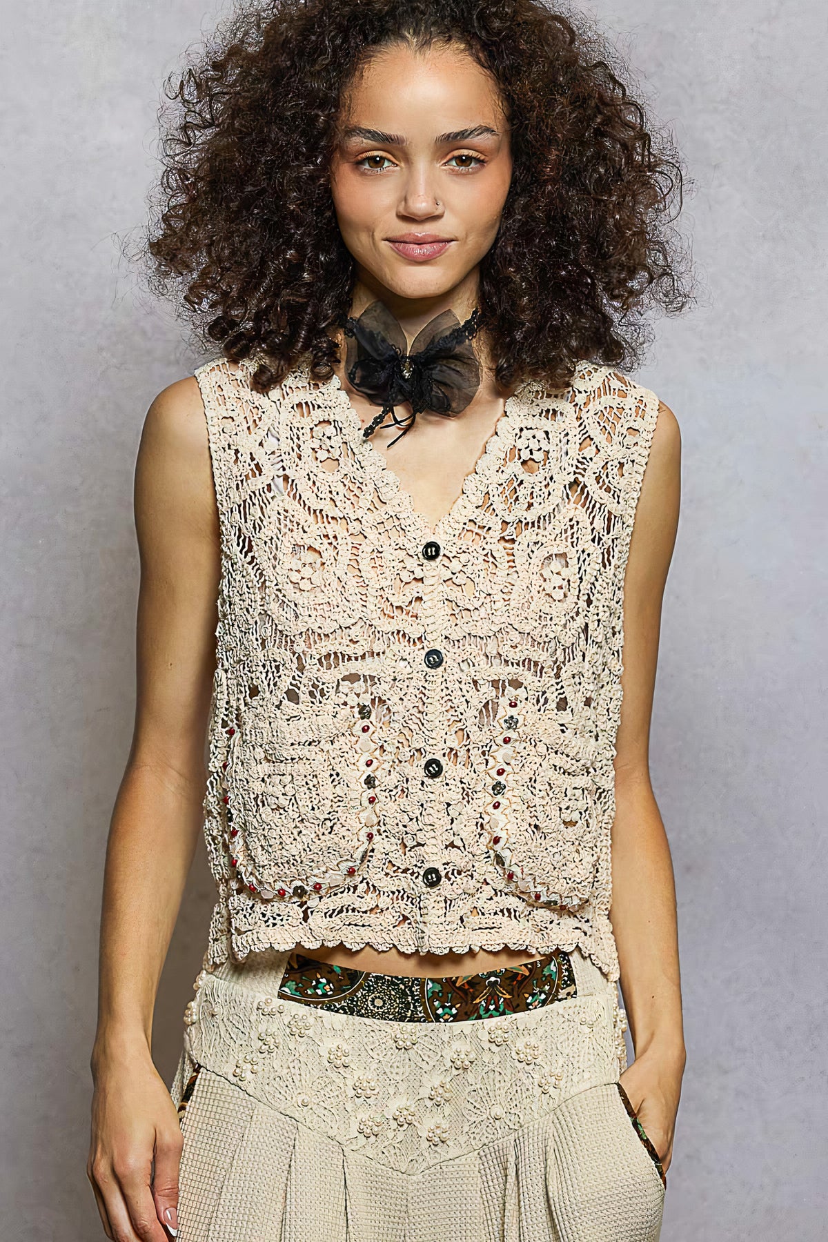 pol button down cropped crochet vest with scalloped edge - everyday wear