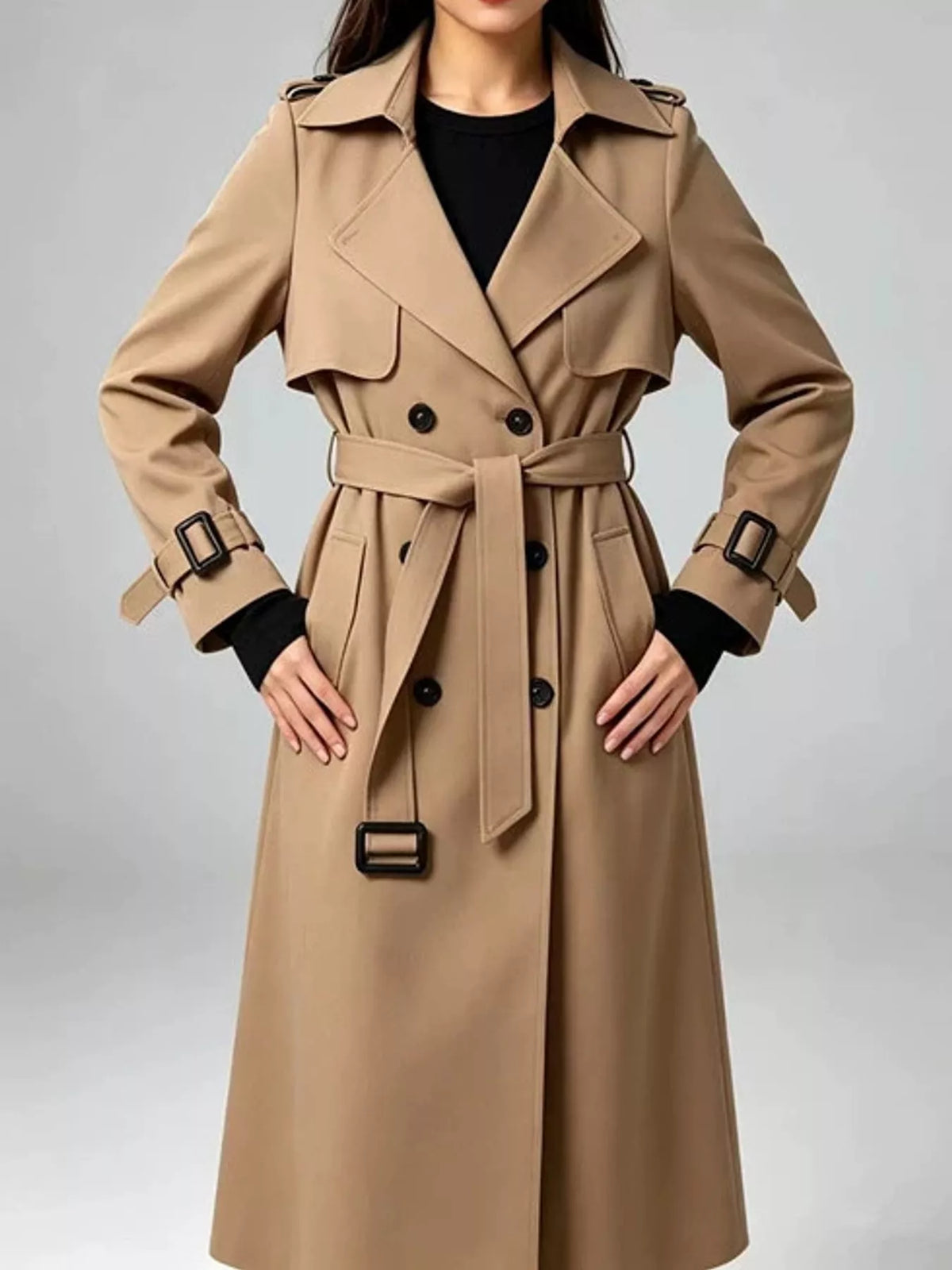 full size double-breasted coat with belted waist plus | dropsona - neutral - front view