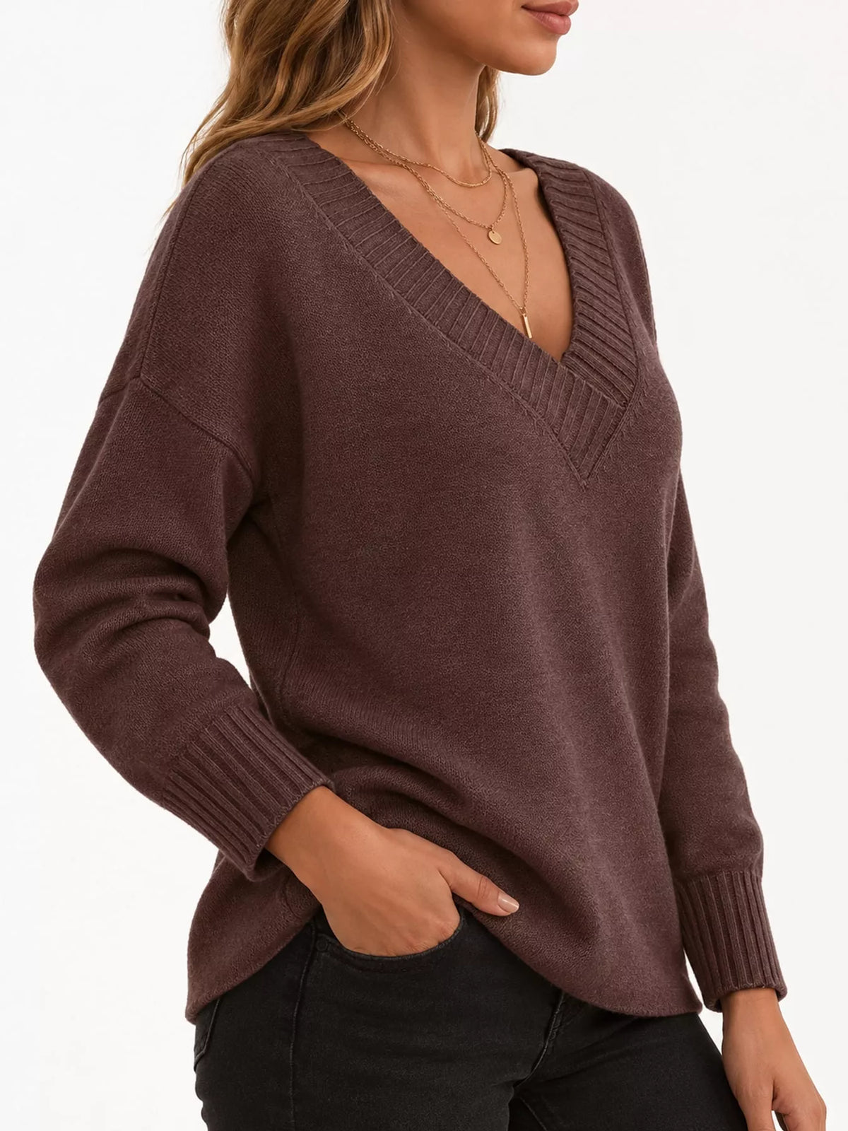 full size v-neck dropped shoulder sweater plus | dropsona - neutral - front view