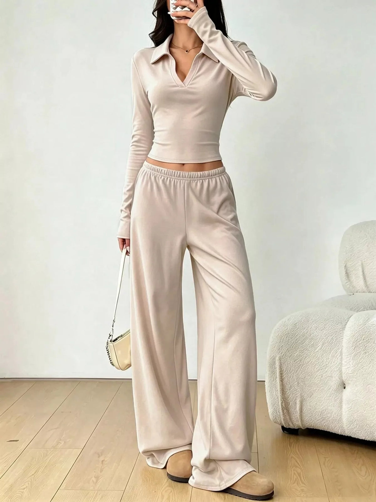 long-sleeve polo top and wide-leg pants set | dropsona - neutral - front view