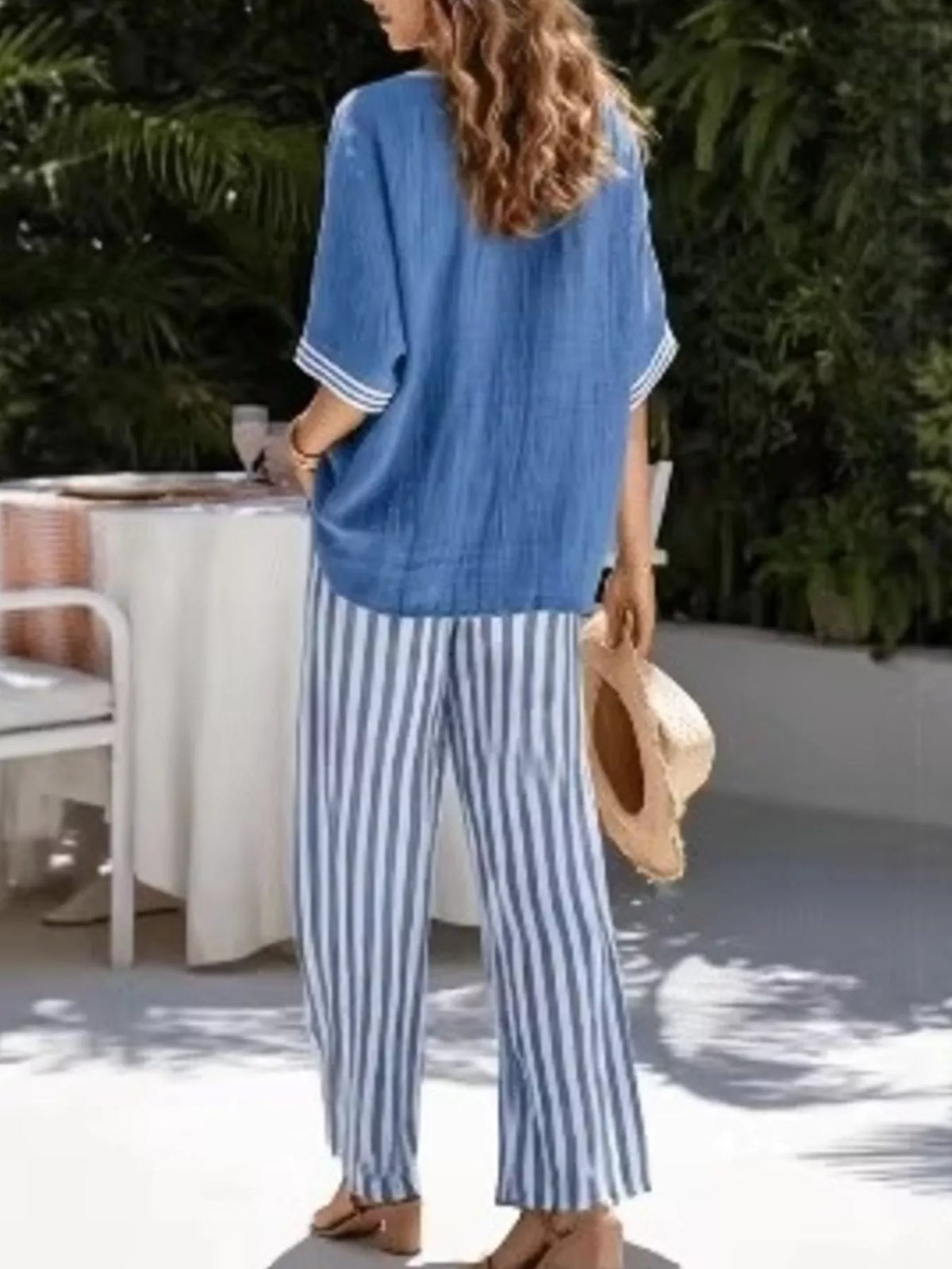 full size v-neck striped top and pants two-piece set | dropsona - neutral - front view